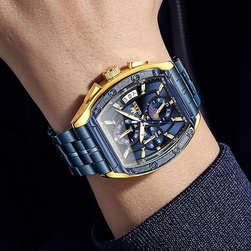 Miniatura 3 de OLEVS Relojes para Hombres Cronógrafo Impermeable Cara Rectangular Fase Lunar Correa de Acero Inoxidable Relojes de Vestir para Hombres Luminoso