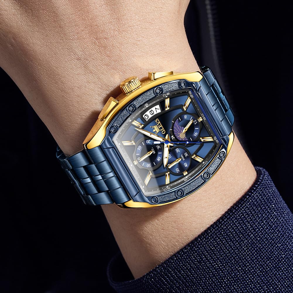 OLEVS Mens Watches Analog Quartz Chronograph Square Dress Watch for Man Stainless Steel or Leather Band Waterproof Luminous Date Male Watch