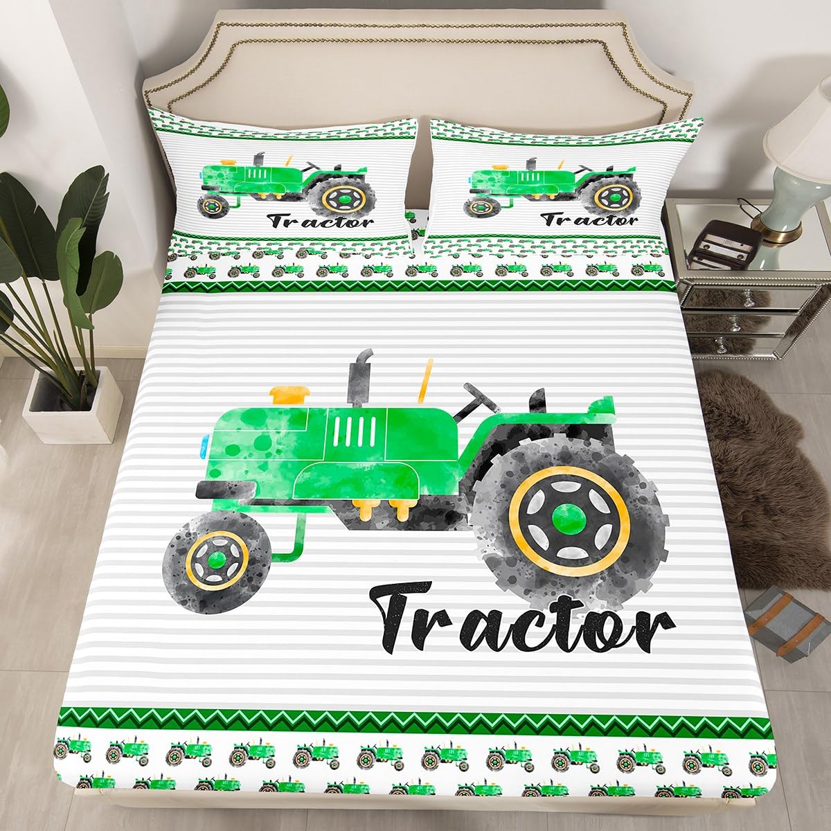 Manfei Green Tractor Kids Fitted Sheet Double Size, Cartoon Truck Grey Stripes Bed Cover with 2 Pillowcases, Construction Car Bedding Set for Boys Girls Bedroom Decor, Soft Polyester Bedding