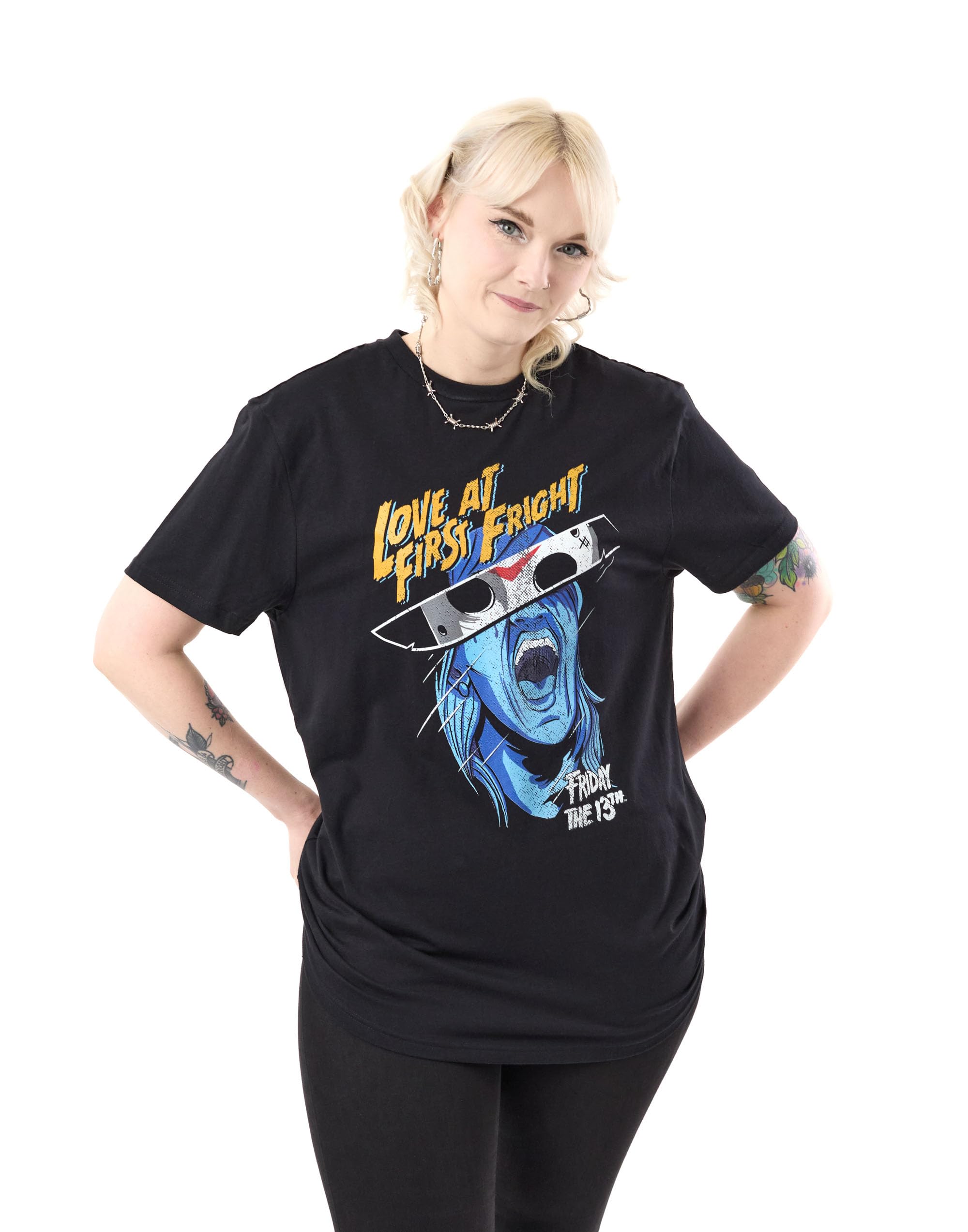 Friday the 13th Unisex Black Short-Sleeved T-Shirt | Love at First Fright Graphic Tee | Horror Movie Merchandise | Scary Jason Voorhees Apparel | Fans