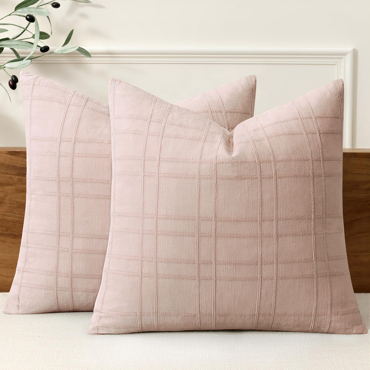 MIULEE Linen Plaid Pillow Covers Decorative 18x18 Light Pink