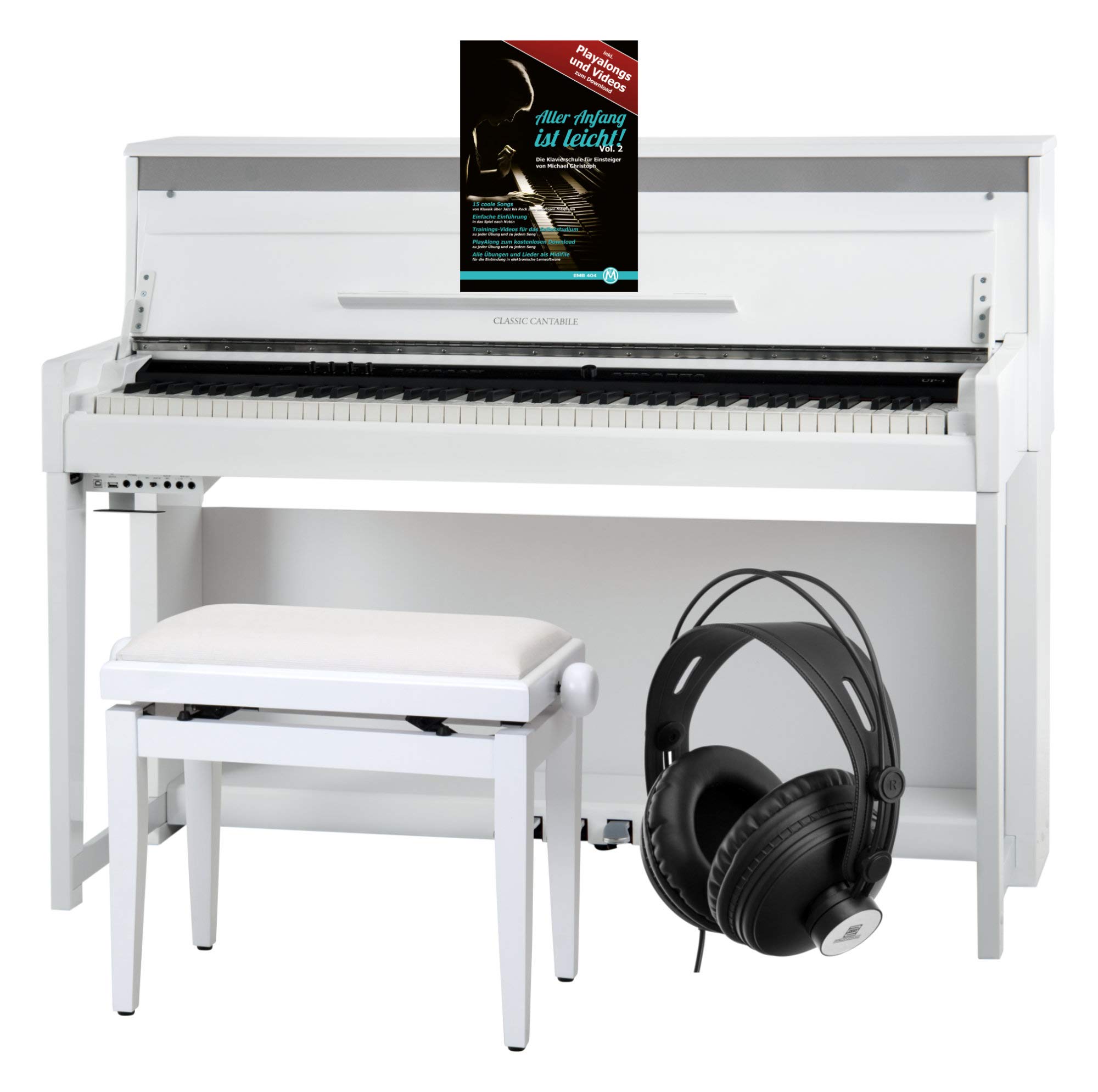 Classic Cantabile UP-1 WM Pianoforte Verticale Digitale - 88 Tastiera pesata - Pianola musicale con USB, MIDI, 256 polifonia, 40 voci - Piano digitale Set con Panca e Cuffie - Bianco Opaco