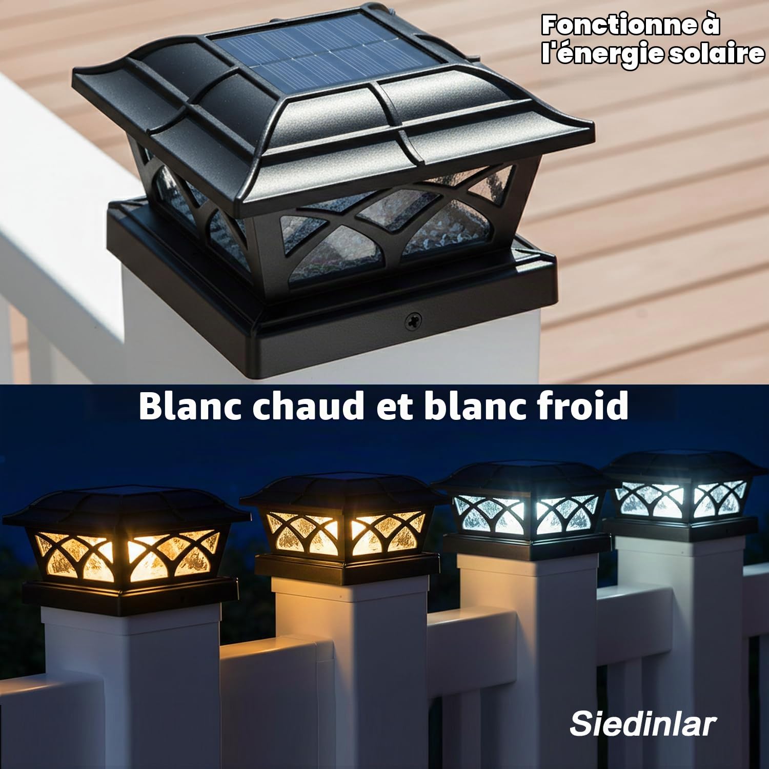 Siedinlar Lot de 4 lampes solaires pour poteau de clôture en verre extérieur avec 2 modes de couleur 8 LED pour poteaux 4x4 5x5 6x6 pour terrasse, clôture, patio, décoration, éclairage blanc chaud et