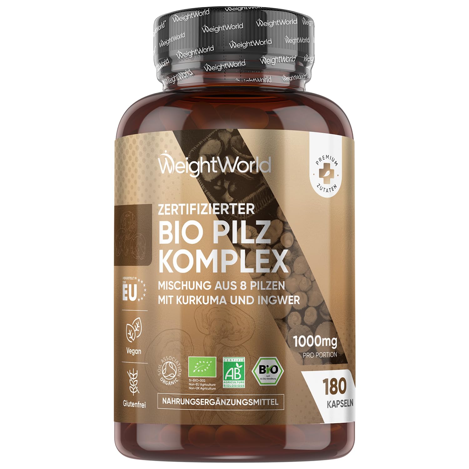Organic Mushroom Complex - Mischung aus 8 Pilzen - 180 Kapseln mit Lions Mane Pilz, Reishi, Chaga, Shiitake, Cordyceps, Kurkuma, Ingwer, Maitake - BIO Pilz Komplex - Hericium Erinaceus von WeightWorld