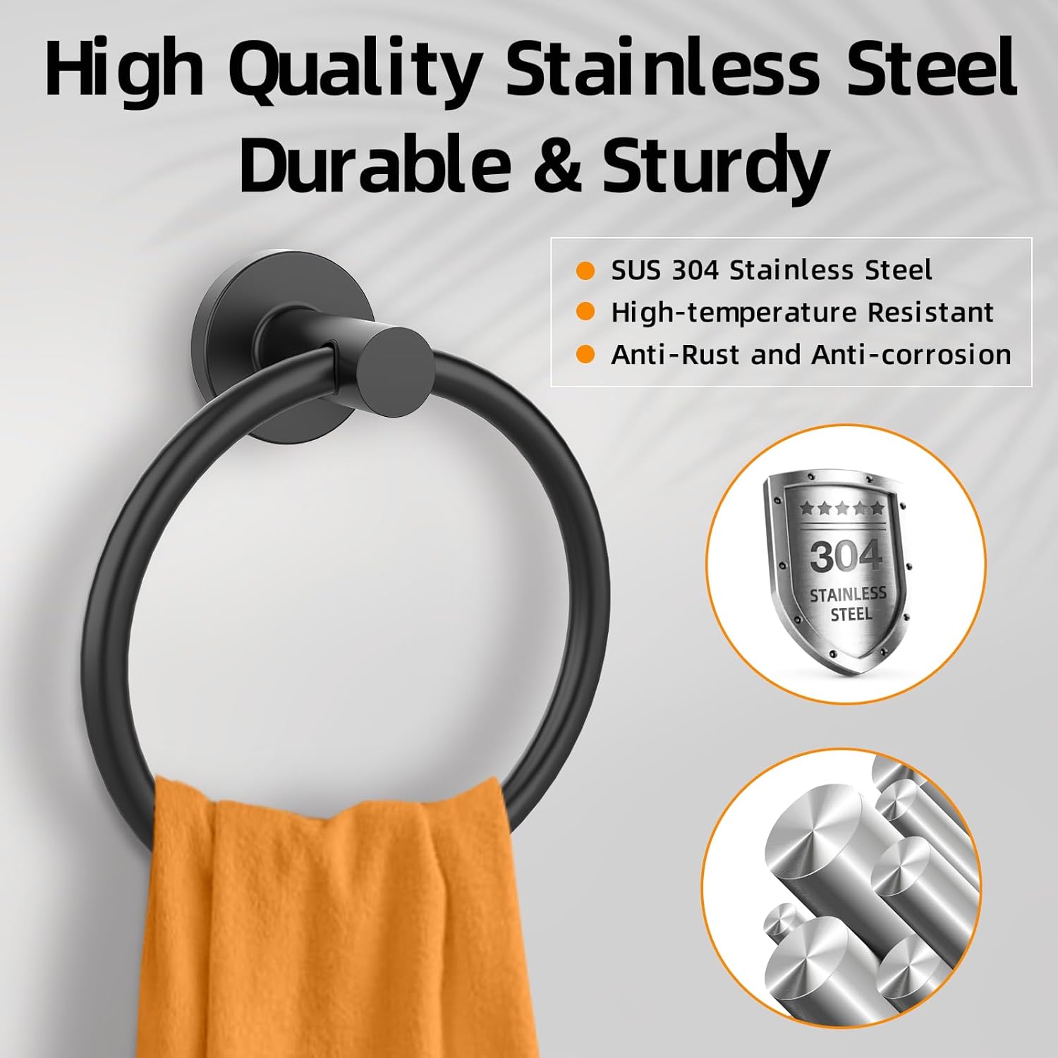 Matte Black Stainless Steel Wall Mounted Towel Ring Set