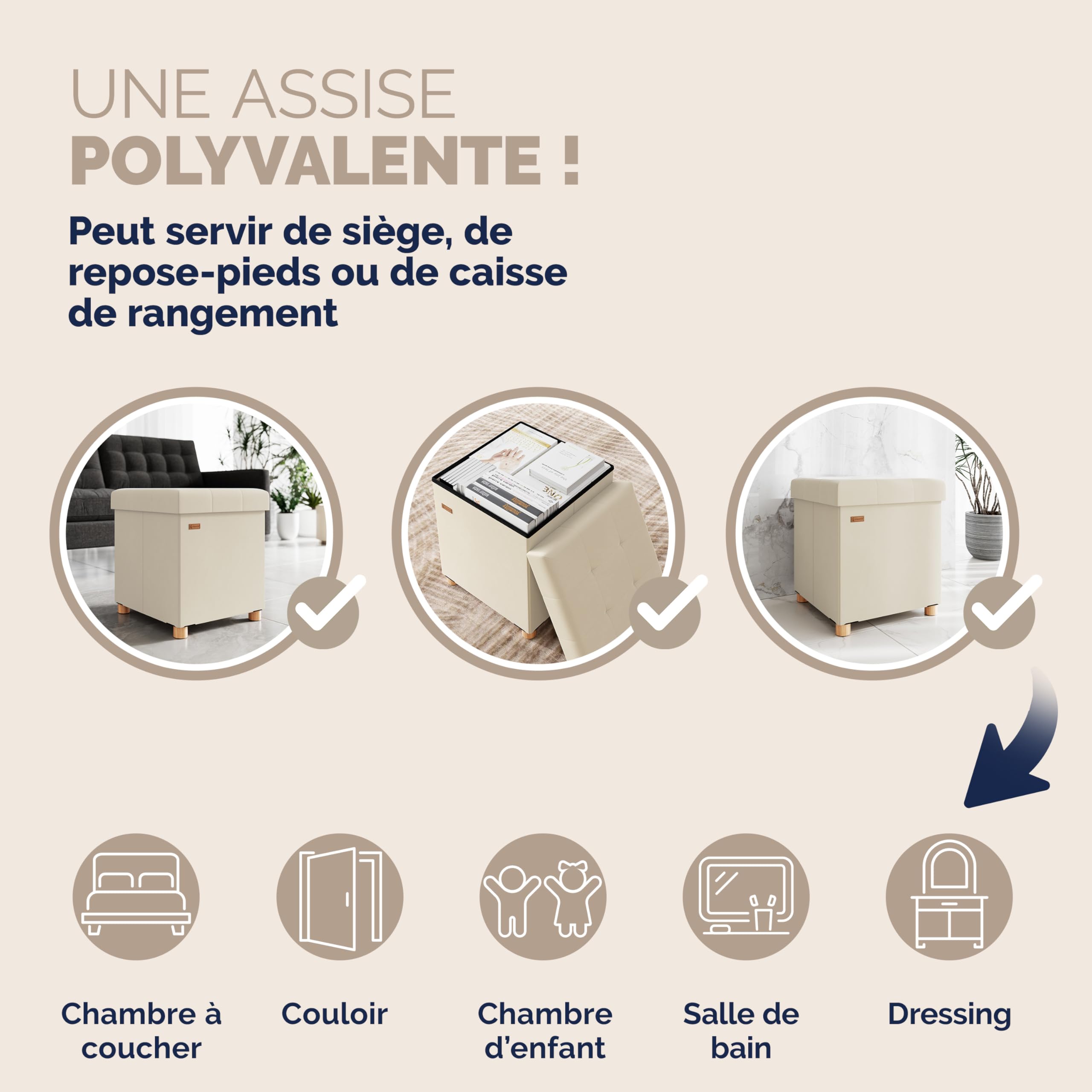 Casaria® Tabouret Cube avec Espace de Rangement Velours Beige Petit Pouf Pliable 38 x 38 x 38 cm Coffre de Rangement Repose-Pied Coffre à Jouet Salon Chambre