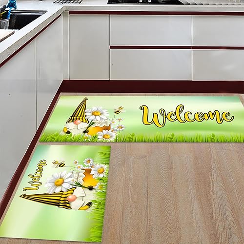 Miniatura 3 de Kitchen Rug Mats Set of 2 Piece Honey Bees Non Slip Cushioned Rug Gnomes on Green Anti-Fatigue Washable Comfort Floor Mat Carpets Home Decor for
