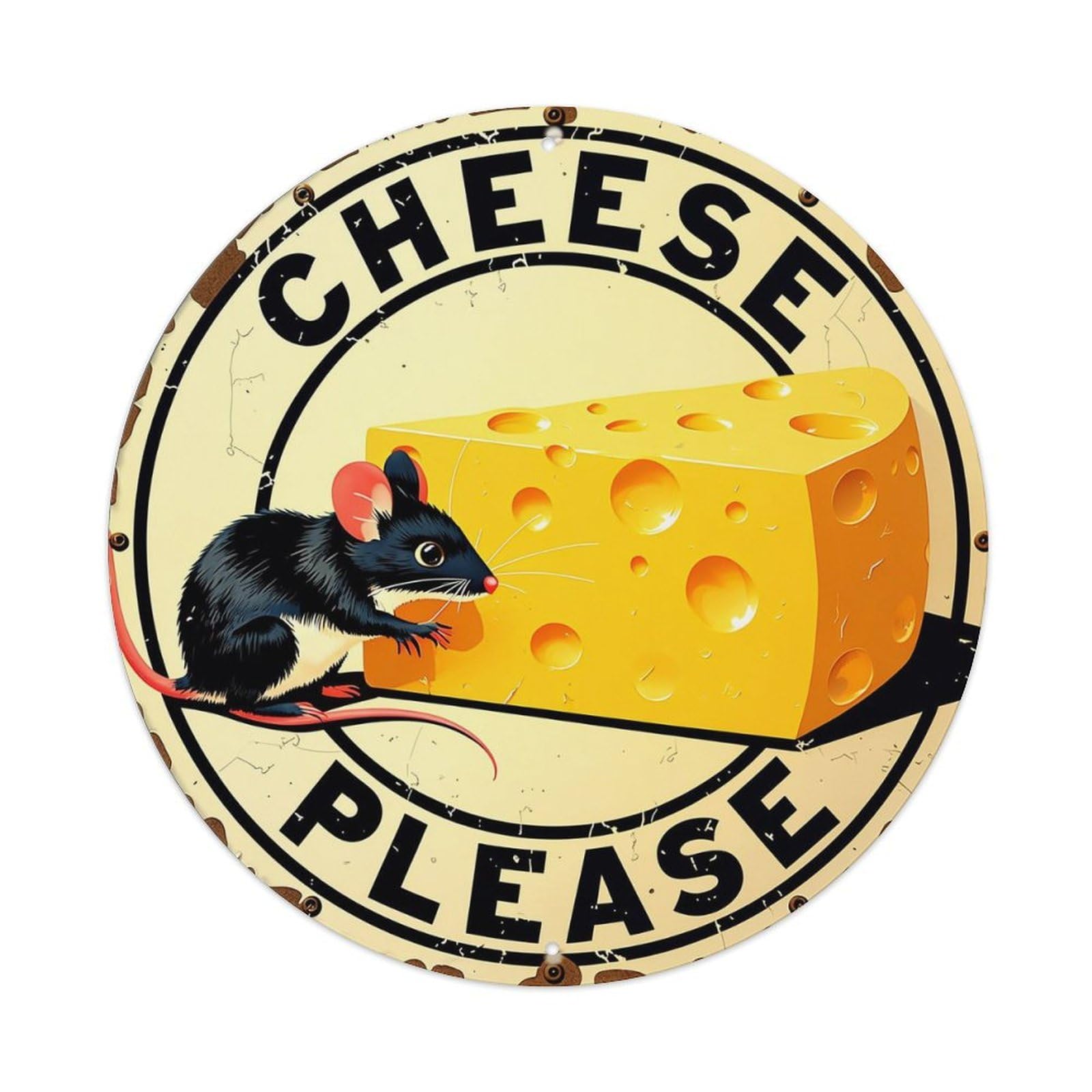 Cheese Mouse Please Sign Art Retro Metal Sign Round Tin Sign, Vintage Decor Art Poster for Bar, Home, Man Cave, Kitchen, Laundry Room Gift 8x8Inch
