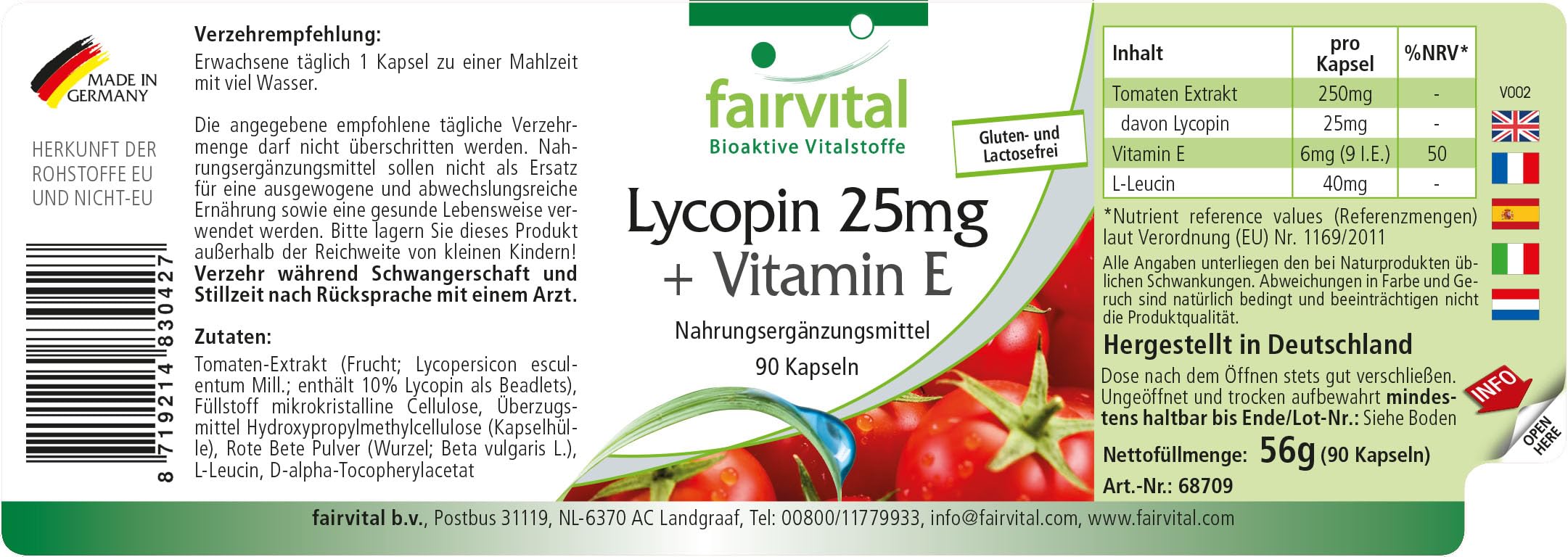 fairvital Lycopin Kapseln mit Vitamin E, 90 Kapseln, schluckfreundlich, 25mg Lycopin, VEGAN, mikroverkapselt