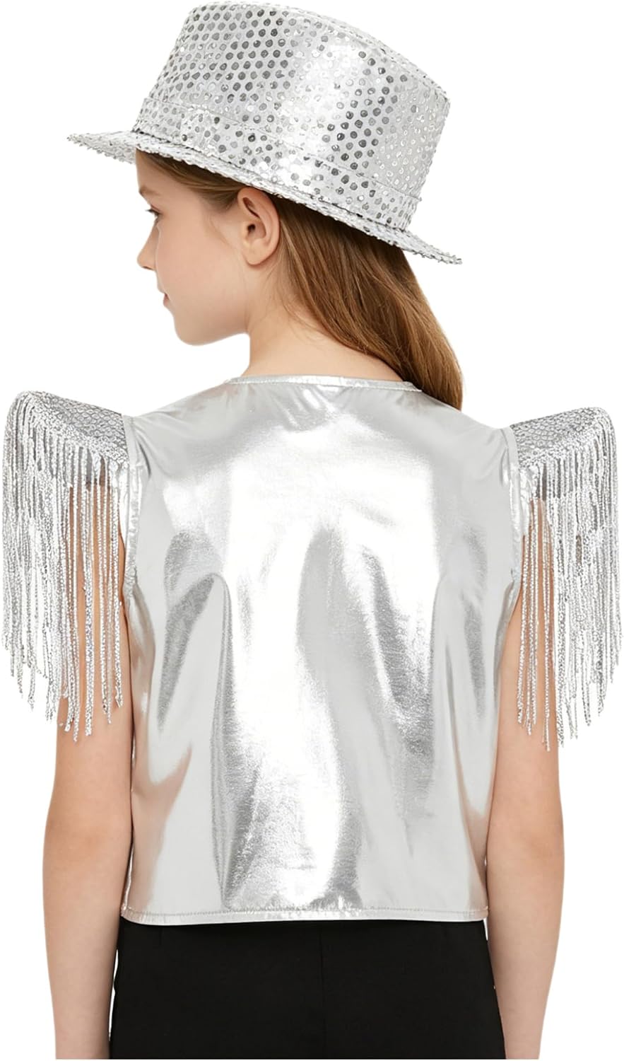 iiniim Shiny Dance Vest for Kids Sequin Hat Set Gala Trendy Zipper Top Cap Sleeves Training Dancewear