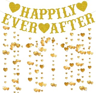 Bridal Shower Decorations, Gold Glitter Happily Ever After Banner with Heart Garland for Bridal Shower Engagement Wedding Party Decorations Supplies