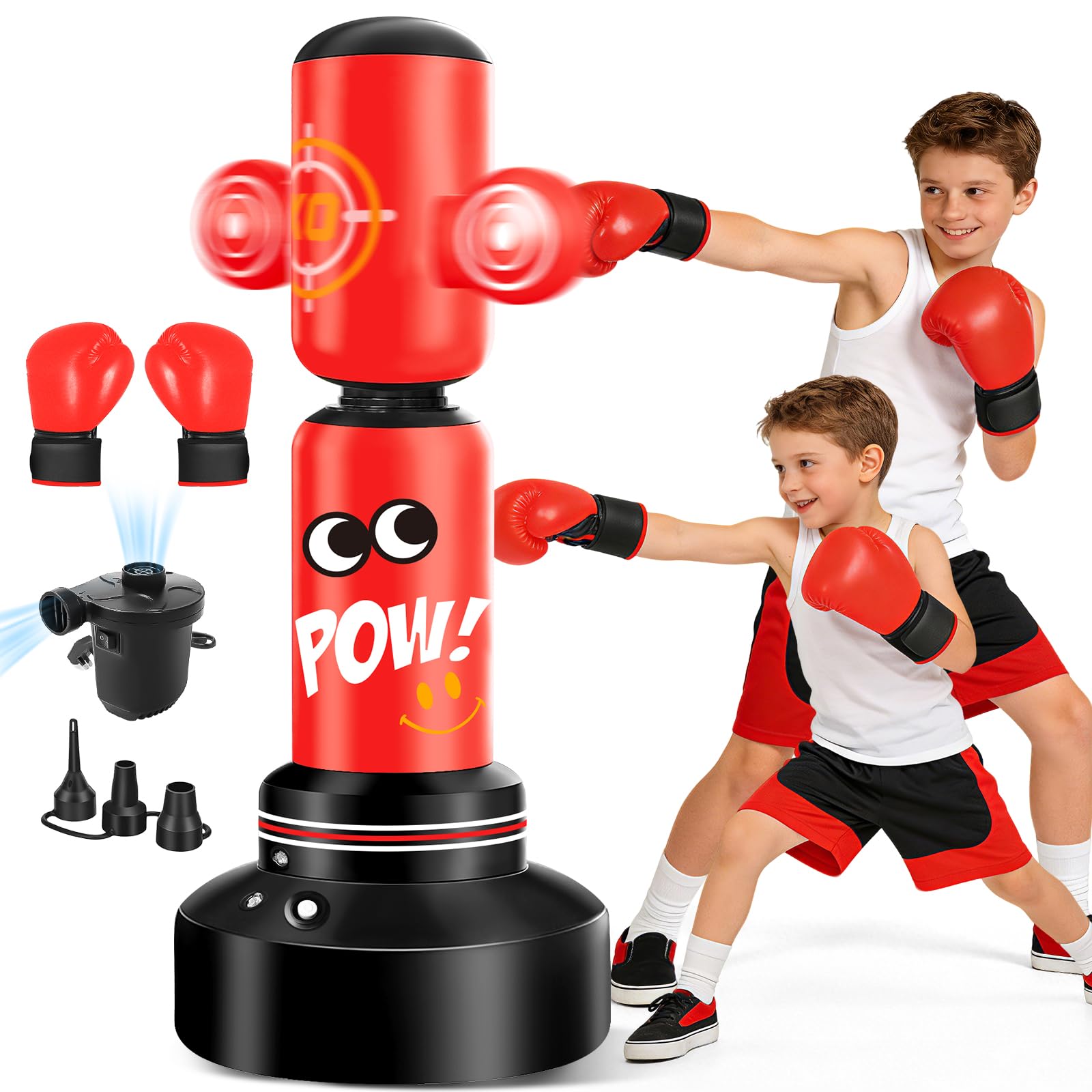 JUOIFIP 360° Rotatable Punching Bag for Kids, Kids Boxing Bag with Pump and Jump Rope 63" Large Inflatable Punch Bag, Gifts for Boys & Girls for Practicing Karate, Taekwondo