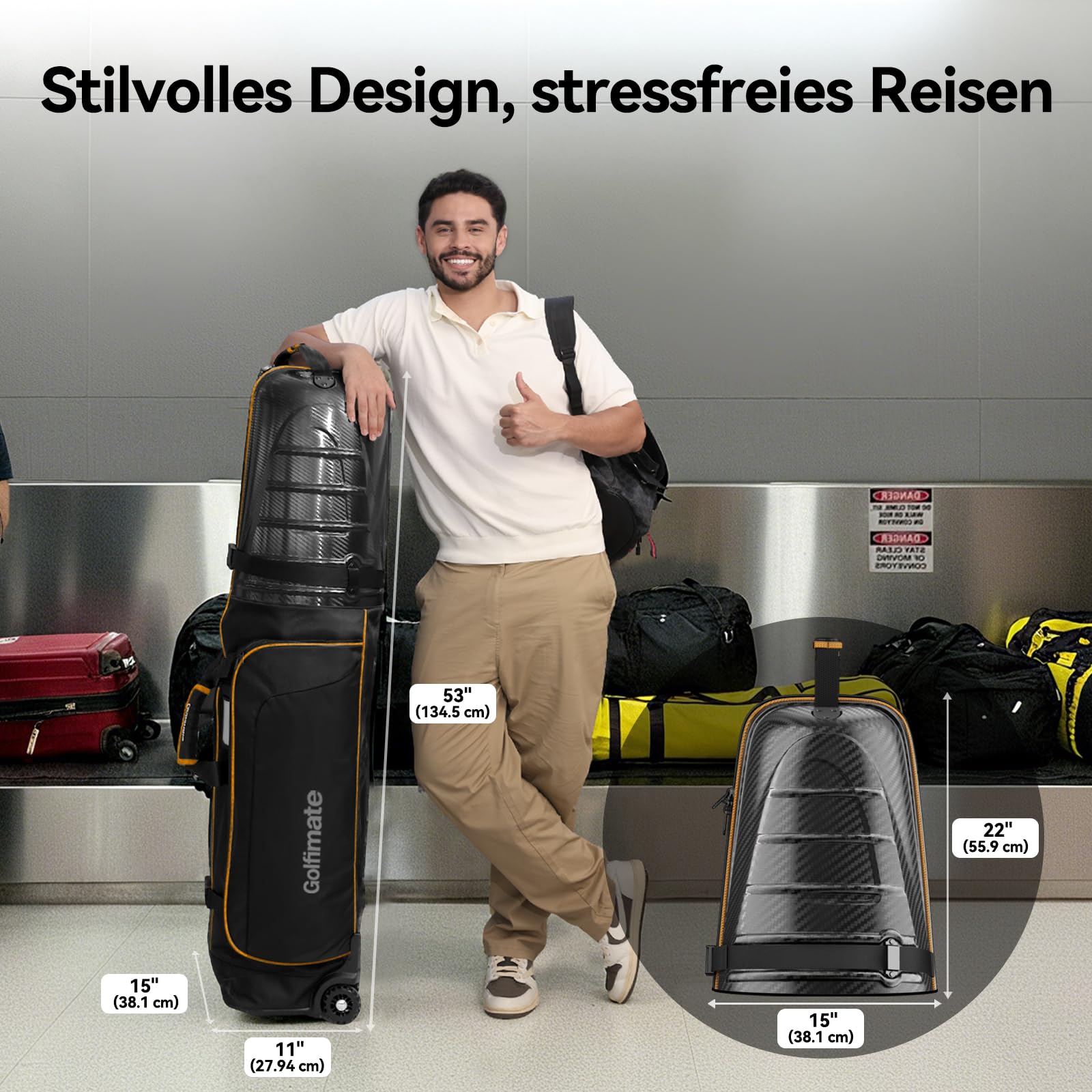 Golf Travel Bag mit Rädern, Golf-Reisetasche aus Kohlefaser, Golfbag Herren | 1680D Oxford-Gewebe Wasserdichte Flüge und Hartem Kopfteil, Schutz für Schläger, Tragbar und Leicht, strapazierfähige
