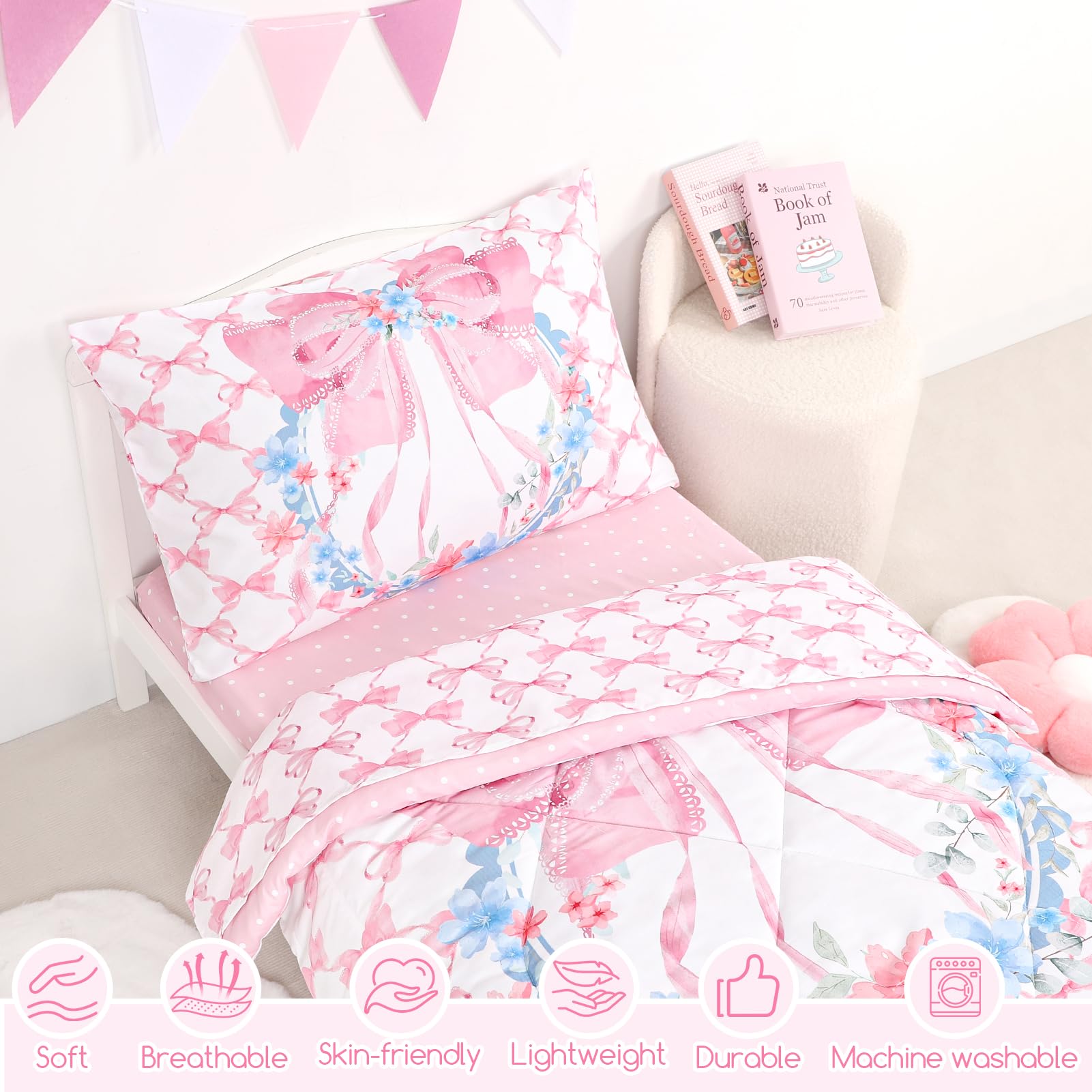 Juego de ropa de cama para niñas, lazo rosa