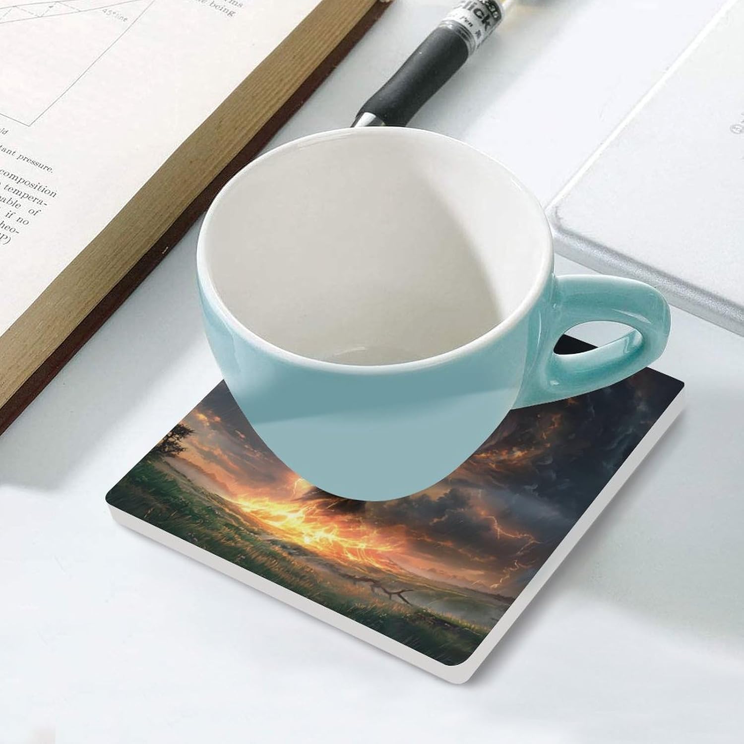 Powerful Tornado Funny Ceramic Coasters for Drinks Absorbent Cup Holder Tabletop Protector with Cork Base
