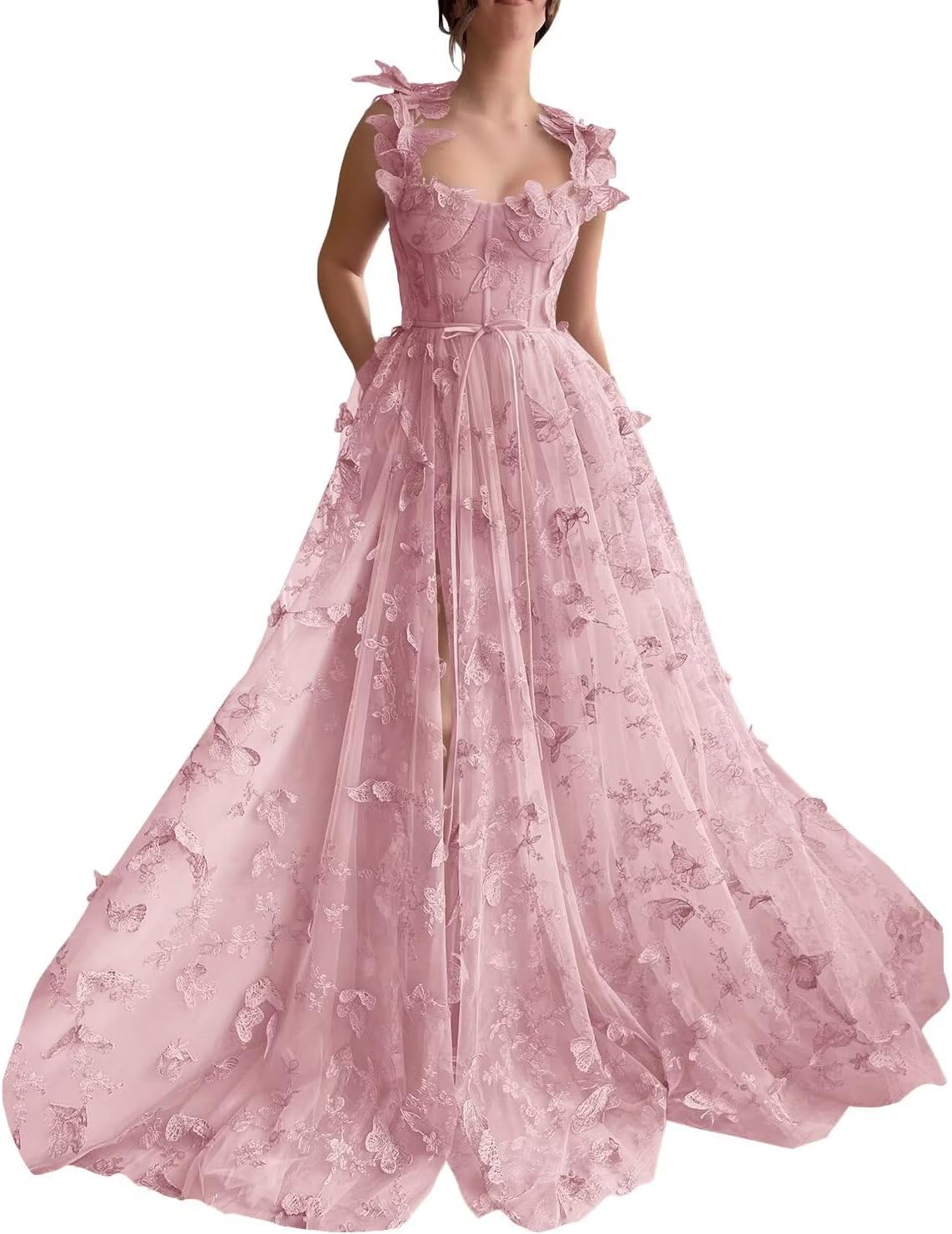 Cudiew 3D Butterfly Lace Applique Tulle Prom Dresses Floor Length Women's Formal Long Evening Party Gown with Slit