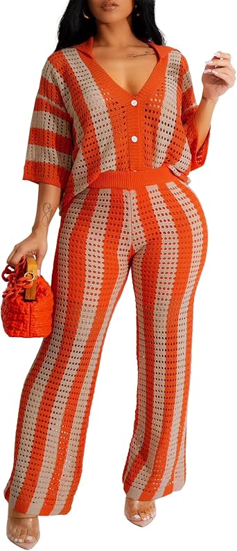 VOIKERDR Crochet Sets Two Piece Women Hollow Out Knitted Set Summer Vacation Outfits Beachwear Sexy