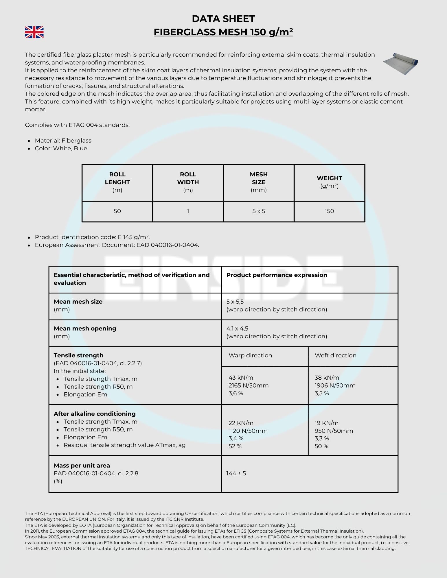 EINSIDE Malla en fibra de vidrio certificada 150 g/m², 1x50 metros