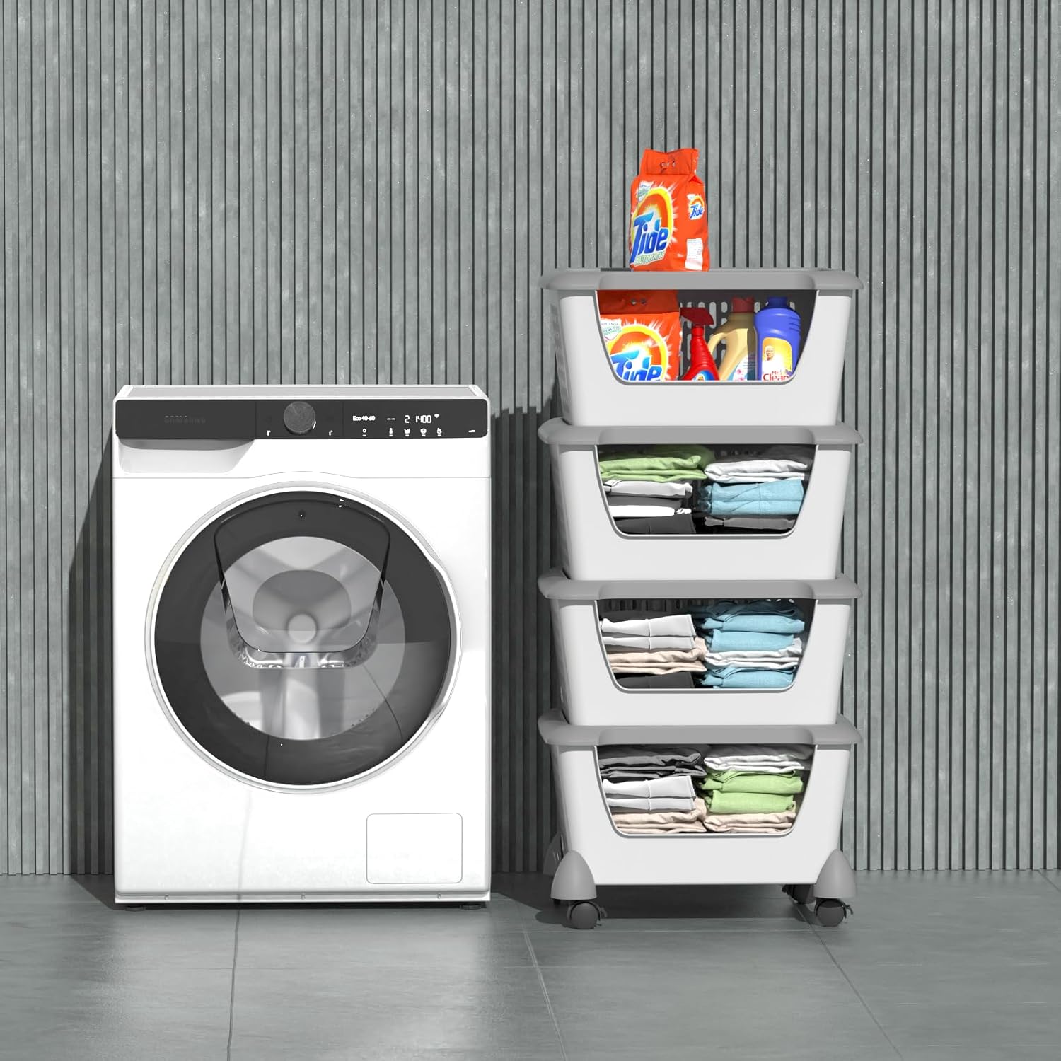 5 Tier Plastic Large Stackable Basket Cart with Wheels, Plastic Stacking Container Bin, Utility Rack for Kitchen, Pantry, Bathroom, Garage