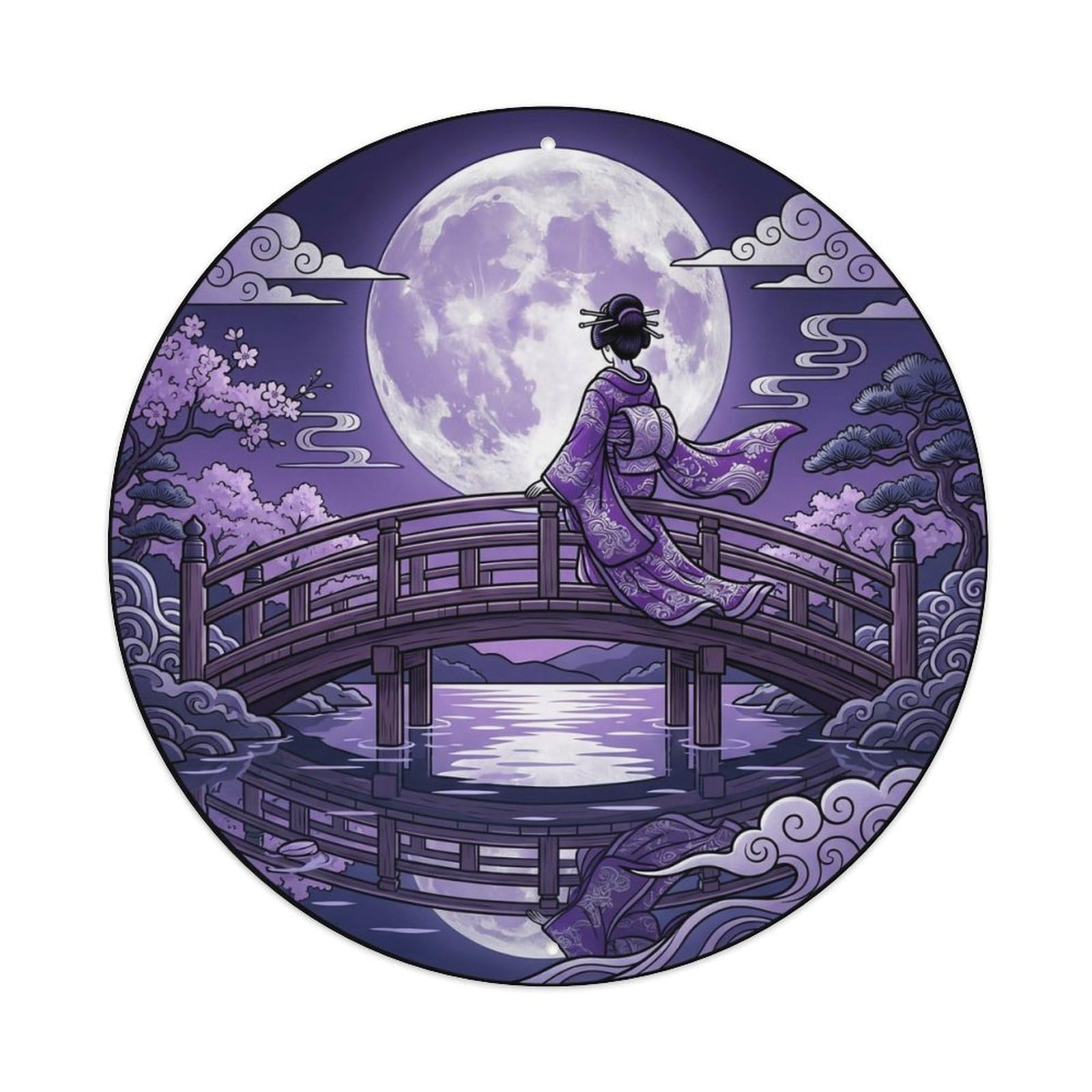 Japanese Geisha Arched Bridge Moonlight Nostalgic Motif Metal Tin Sign