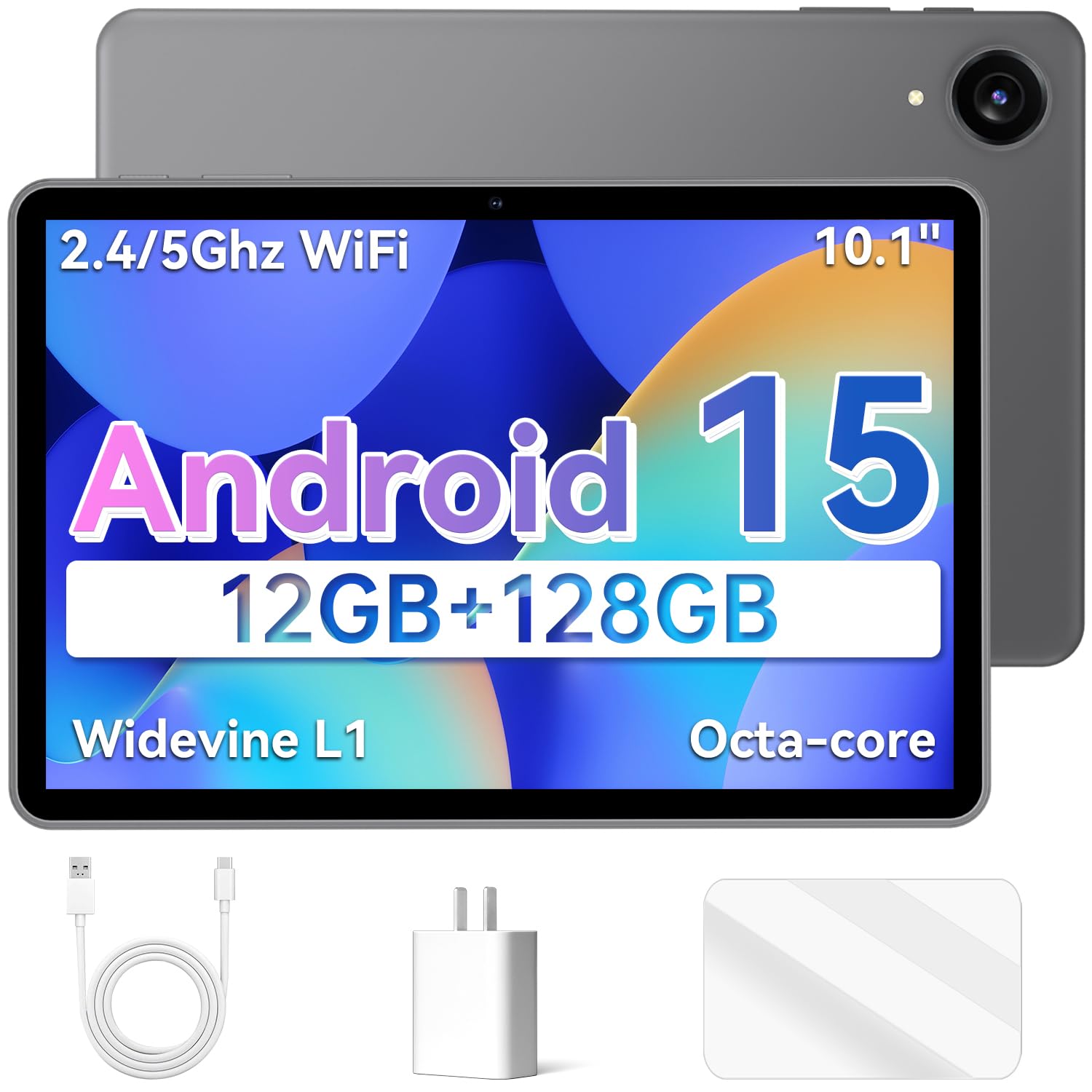 Última tableta Android 15, tabletas de 10.1 pulgadas con procesador Octa-core, pantalla HD IPS, 12 GB de RAM + 128 GB de ROM, soporte de expansión de 1 TB, WiFi de doble banda, BT 5.0, carga rápida de 18 W y batería de larga duración, negro
