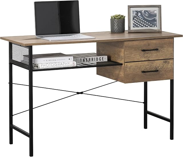 Racking Solutions Writing Table Desk Mid Oak Style With Industrial Details & Drawers 760mm H x 1200mm W x 500mm D