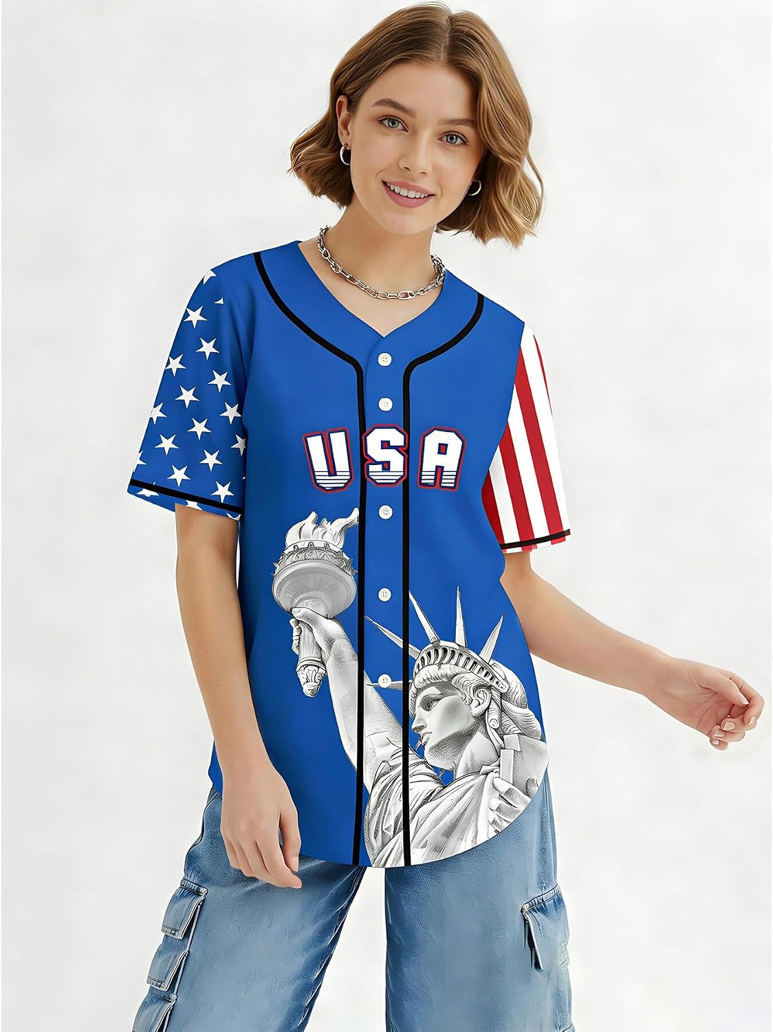Womens 250th Anniversary USA Jersey 4th of July Independence Day American Flag Patriotic Button Down Baseball Shirts