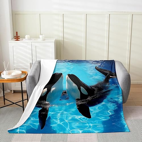 Miniatura 2 de Manta Kawaii de ballena asesina de 40 x 50 pulgadas, manta de franela de franela de ballena 3D para sofá, cama, sofá o cuna, manta mullida de vida