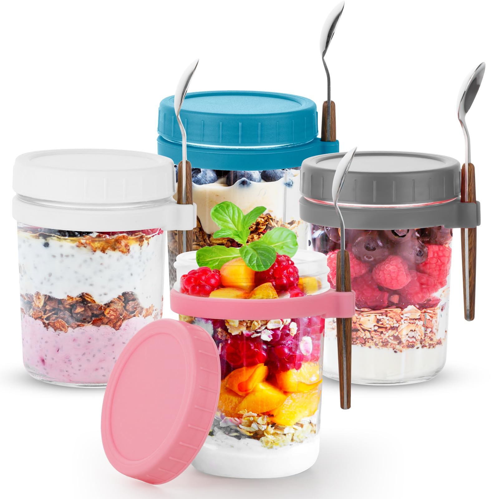 Dyserbuy 4 Stück Overnight Oats Gläser, 480ml Meal Prep Gläser mit Löffeln, Einmachgläser Overnight Oats Behälter für Salat,Joghurt, Pudding, Chutney, Einlegen, Hausgemachte Marmelade