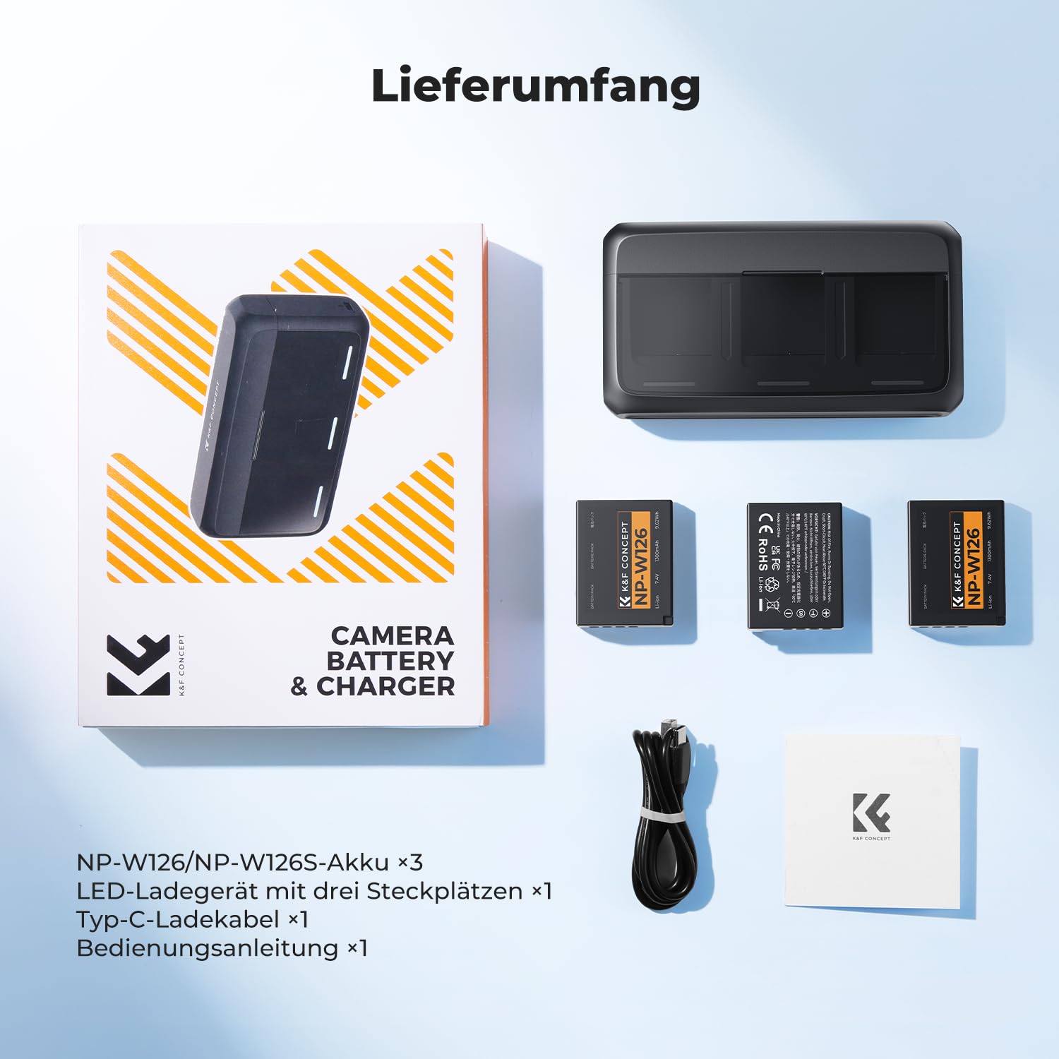 K&F CONCEPT NP-W126 NP-W126S Kamera Akku (3er Pack) mit 20W PD Ladegerät Kompatibel mit Fujifilm XT30 III/XM5/X100VI/X100V/XS10/XT30/XT30 II/XT20/XE4/A5