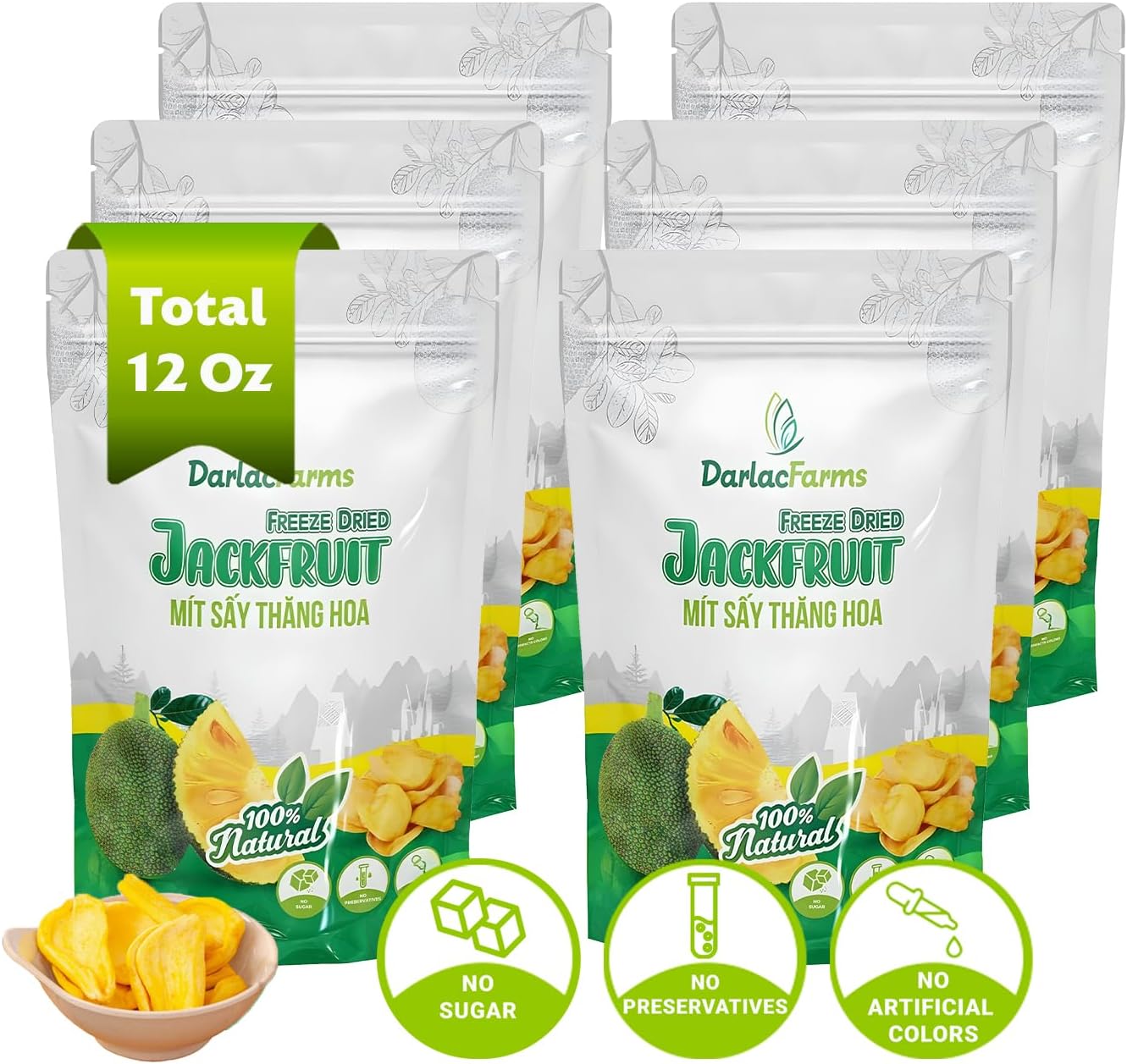 DARLAC FARMS Freeze Dried Jackfruit Bites, Pack 6, Premium Organic Crispy Crunchy Natural Healthy Fruit Snacks for Kids & All Ages, No Sugar Added, 12 Oz (2 Ounce Each)