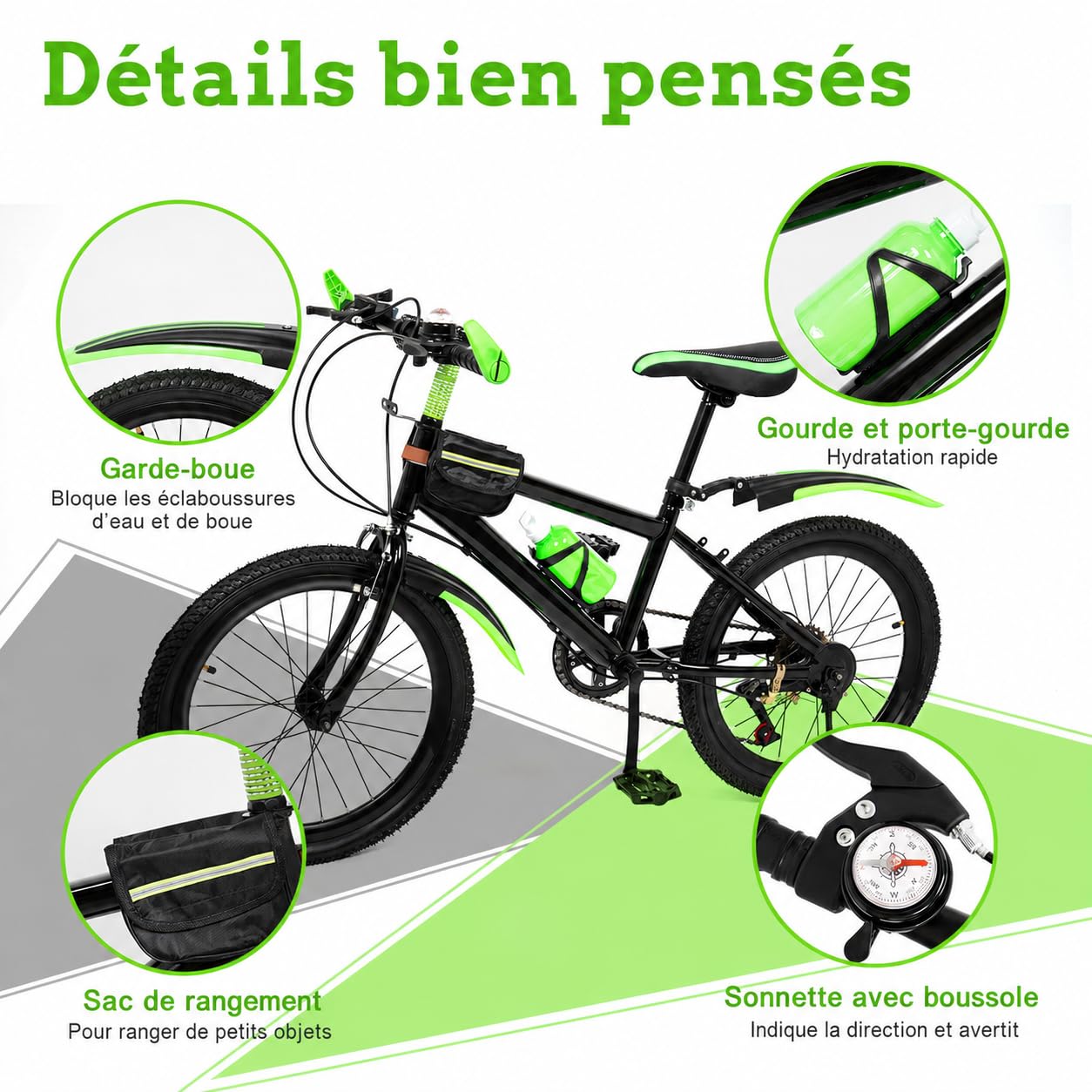 VTT pour enfants garçons et filles, vélo de 20 pouces pour adolescents de 8 à 13 ans, 7 vitesses avec freins à disque avant et frein de stationnement arrière et cadre en acier au carbone, vert
