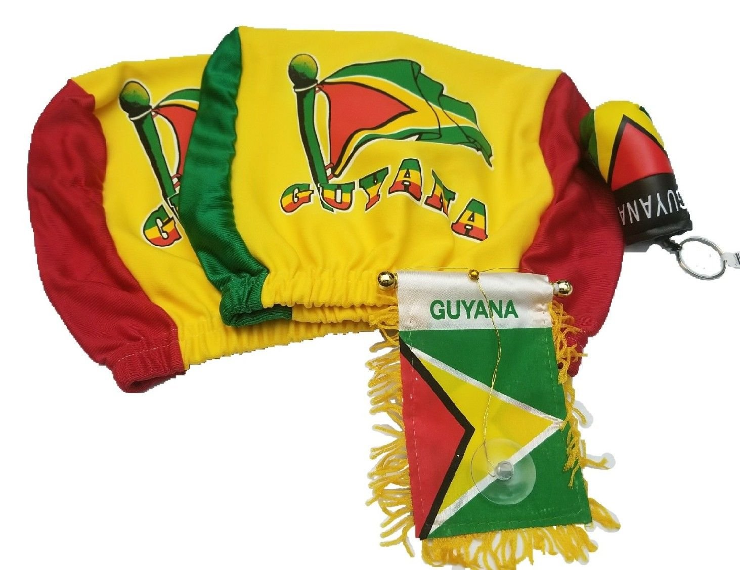 4pcs. Guyana Headrest Cover Flag Guyanese Mini Banner & Boxing Glove Keychain