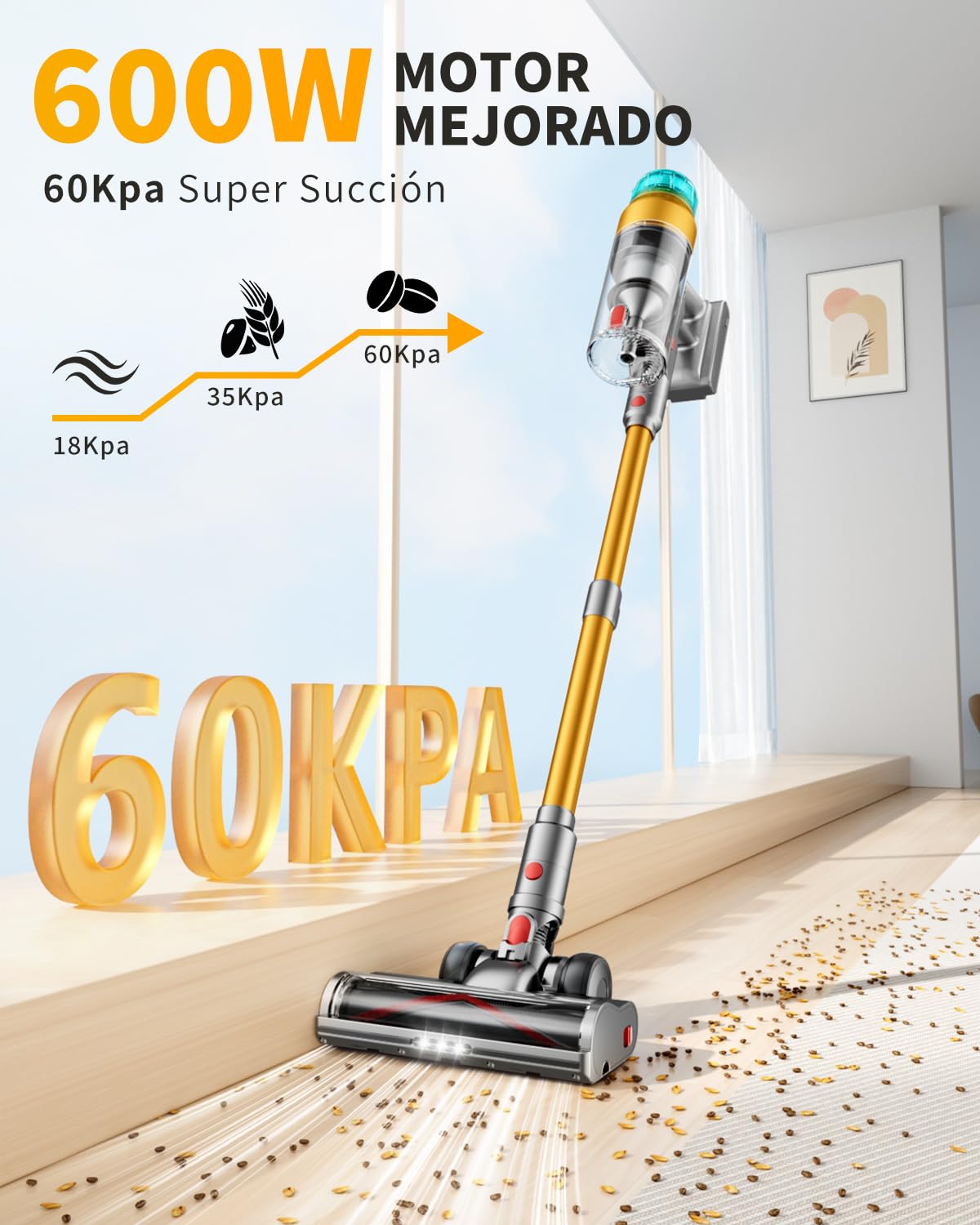 60KPa/600W Aspiradora sin Cable, Aspiradora Fregadora Sin Cable Potente hasta 75Mins, con Carga de Pared Smart Screen, Cepillo Antienredos, Alfombra Pelo Mascota Suelo Sofá (Morado) (Verde) (Oro)