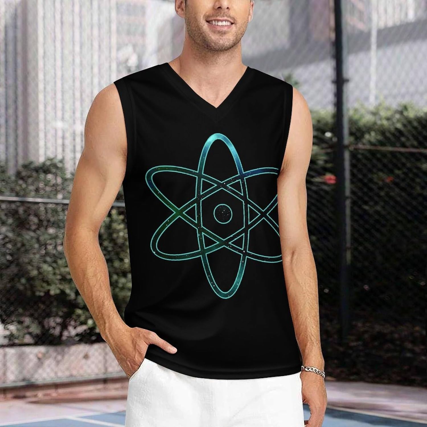 Physical Atom Stars Sky Spaces Men's V-Neck Basketball Tank Top Sleeveless Workout Tank Shirts Gym Fitness Tees Vest