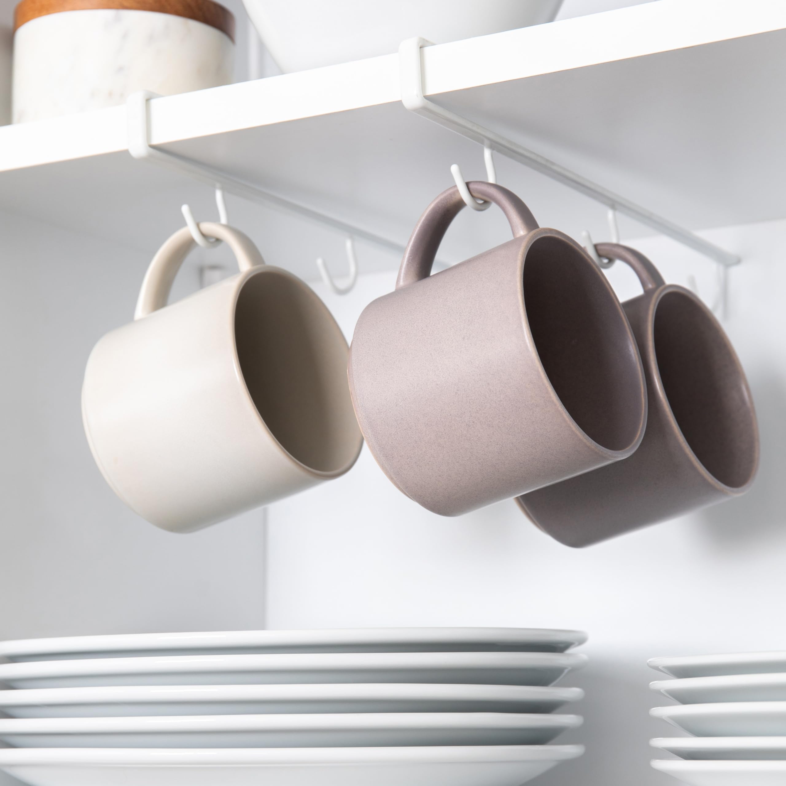Better Houseware Mug Organizer for Kitchen Cabinets, Under Shelf Mug Organizer for Cabinet with 12 Hooks, White Steel Cup Rack, Space-Saving Set of 4