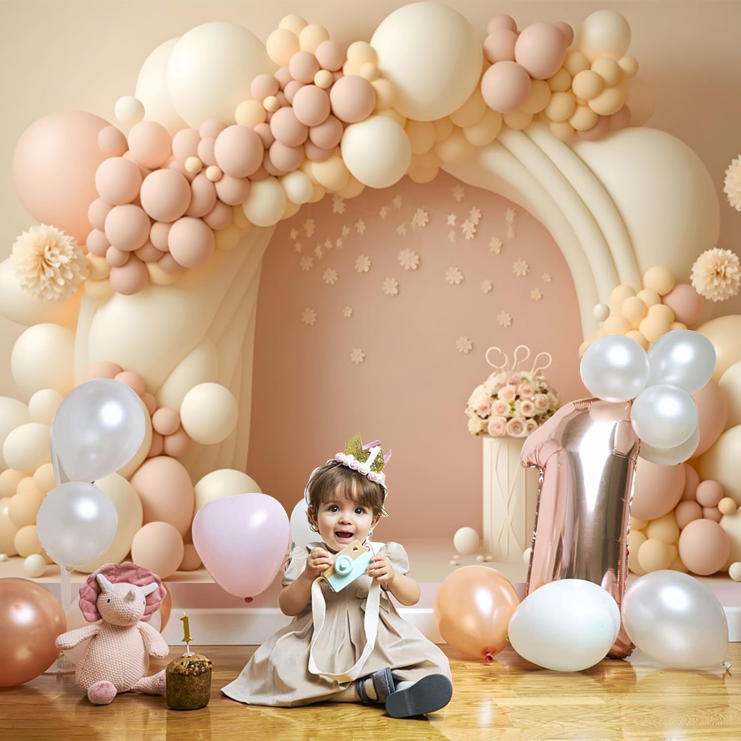 Boho Sfondo Compleanno 3.6x2.5m, Palloncino Rosa Beige Arcobaleno Ragazza Tema Compleanno Sfondo Fotografico Bambini 1 Anno Compleanno Baby Shower Festa Decorazione Banner Studio Puntelli