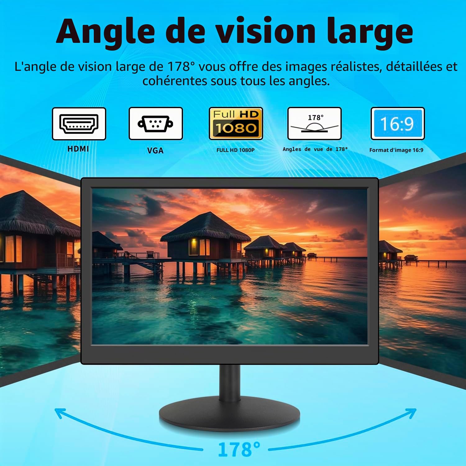KCR Moniteur LED 15 Pouces, 1920 * 1080 | Entrées HDMI et VGA, Haut-parleurs intégrés, Temps de réponse 5ms, Montage VESA