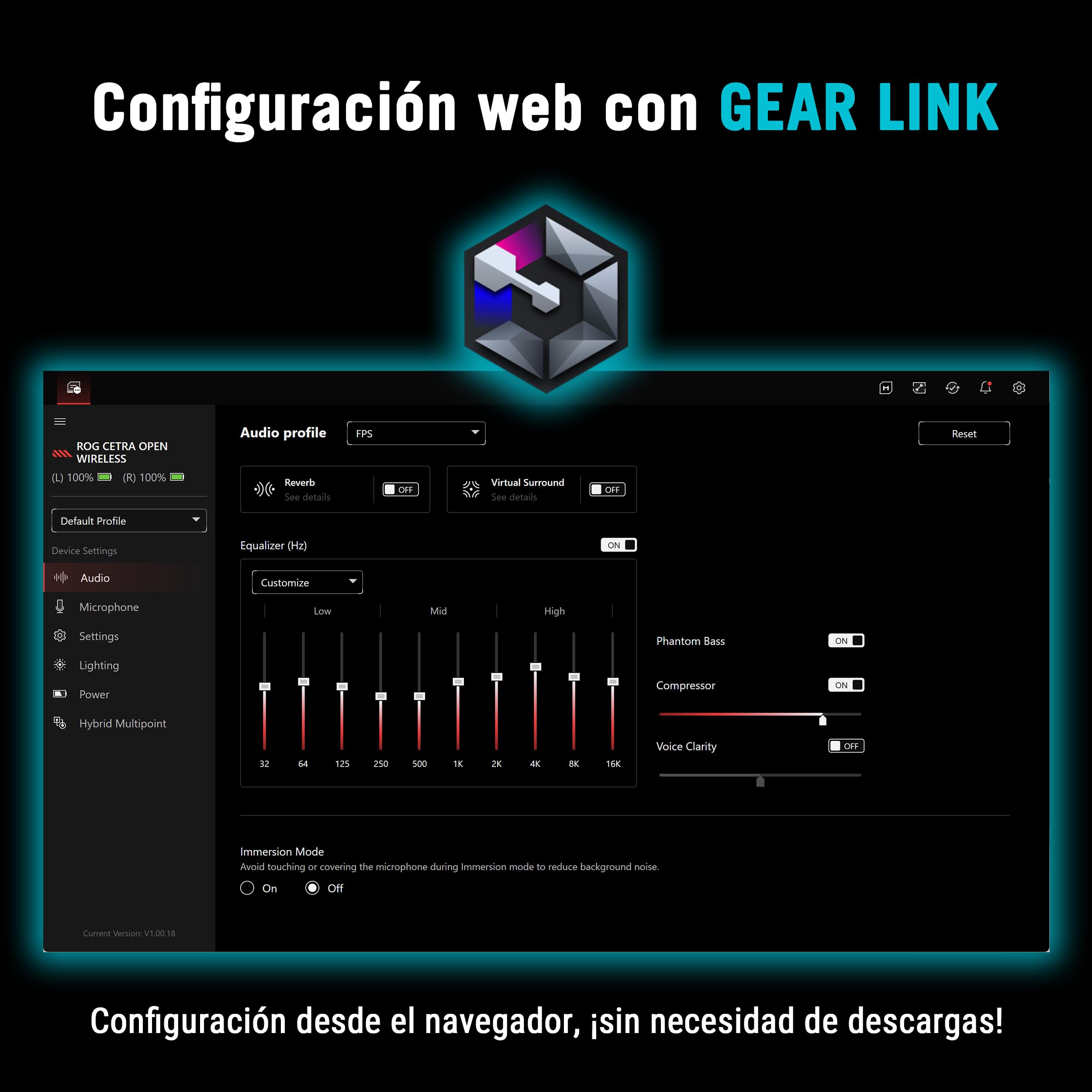 ASUS ROG Cetra Open Wireless - Auriculares Gaming (2,4 GHz y BT, ROG SpeedNova, Controladores de diafragma Recubiertos de DLC de 14,2 mm, cancelación de Ruido IA, 16 h de reproducción, IPX5) - Negro