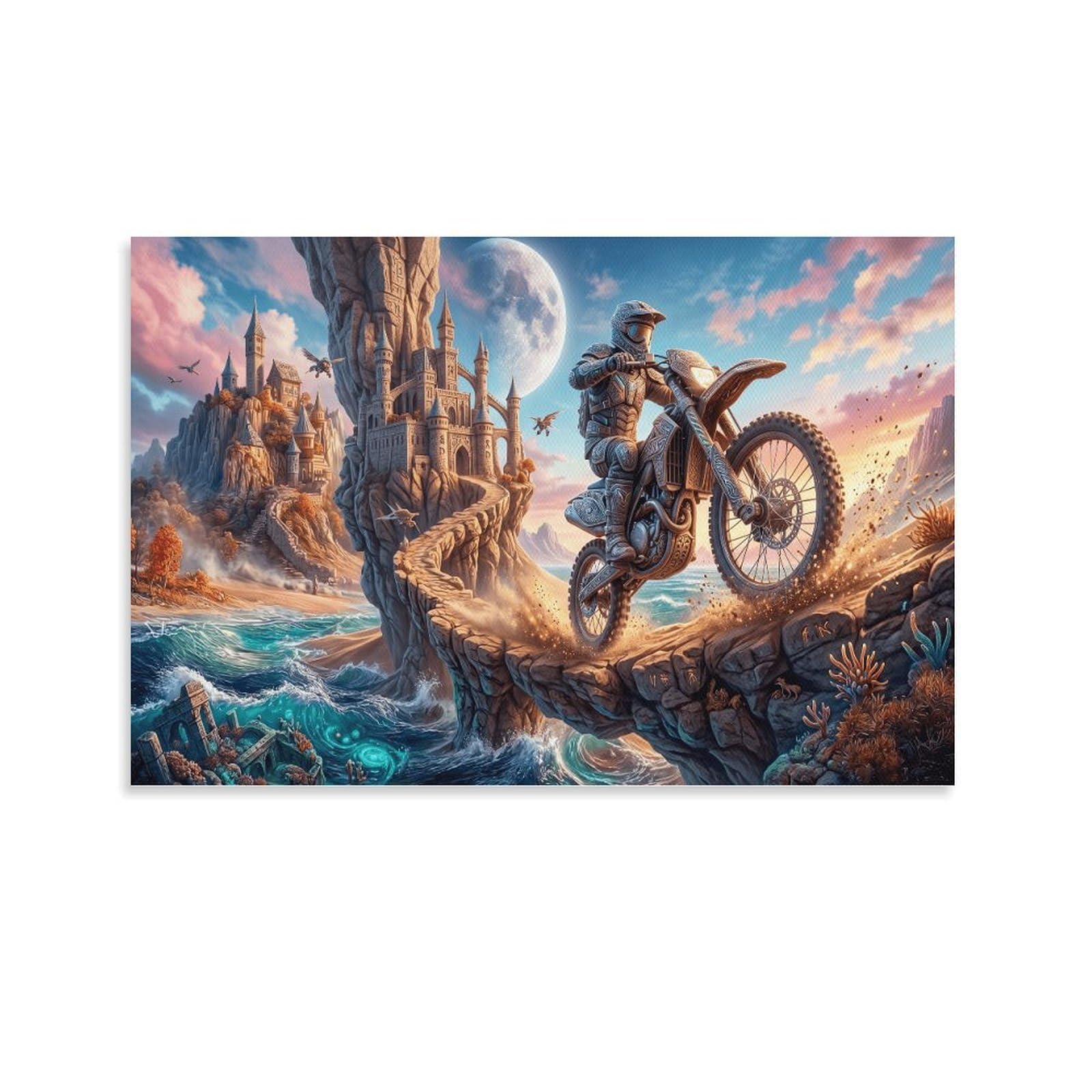 XPASHIQWC Motocross Rider Poster Artwork Cliff Castle Giclee Canvas Prints Modern Wall Art Picture Wall Hanging for Home Decorations 24x36inch(60x90cm)