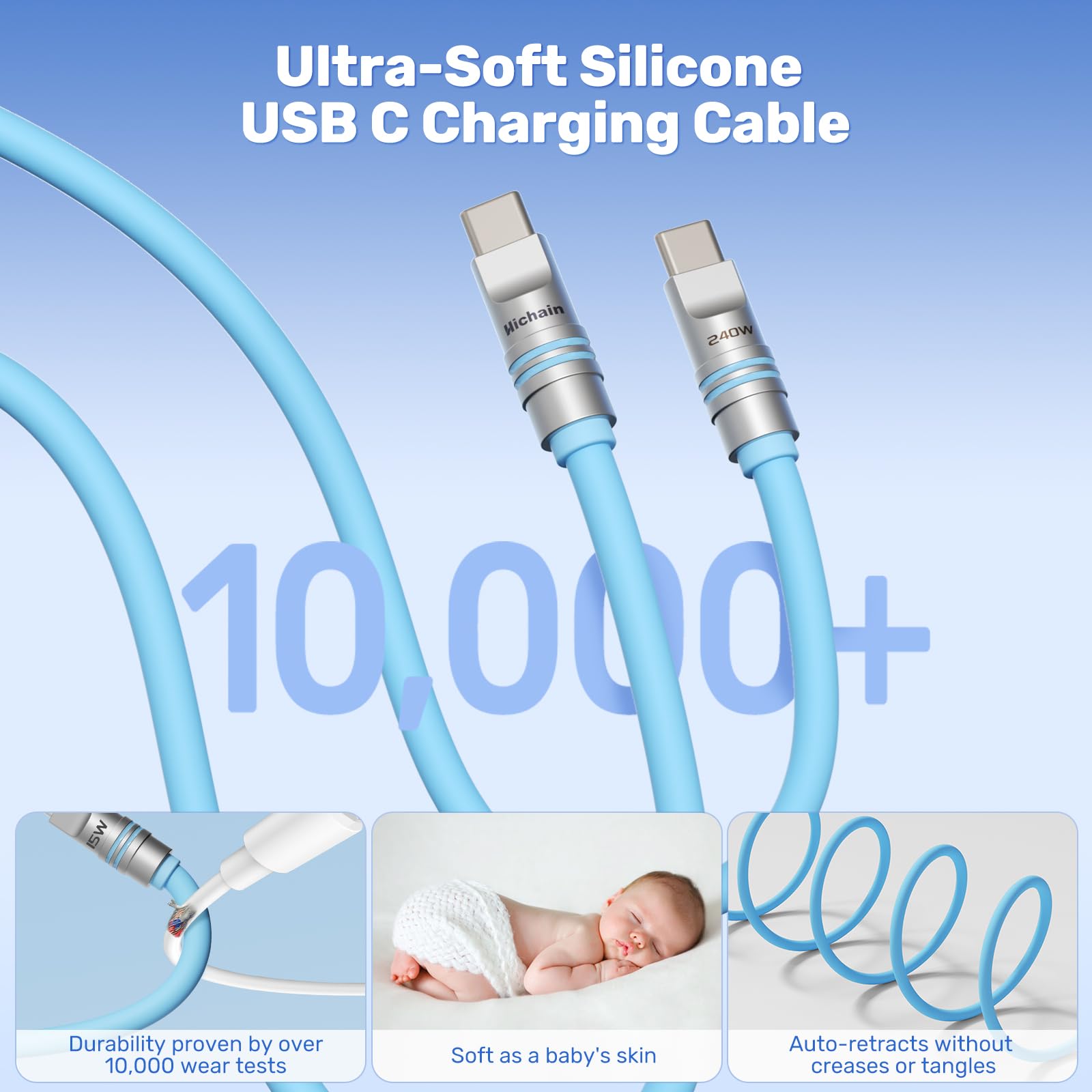 Hichain Paquete de 2 cables USB C a USB C, azul y naranja, 240 W, 6.5 pies, cable de carga rápida USB C, de silicona, impermeable, tipo C, cable de carga de sincronización de datos para teléfono