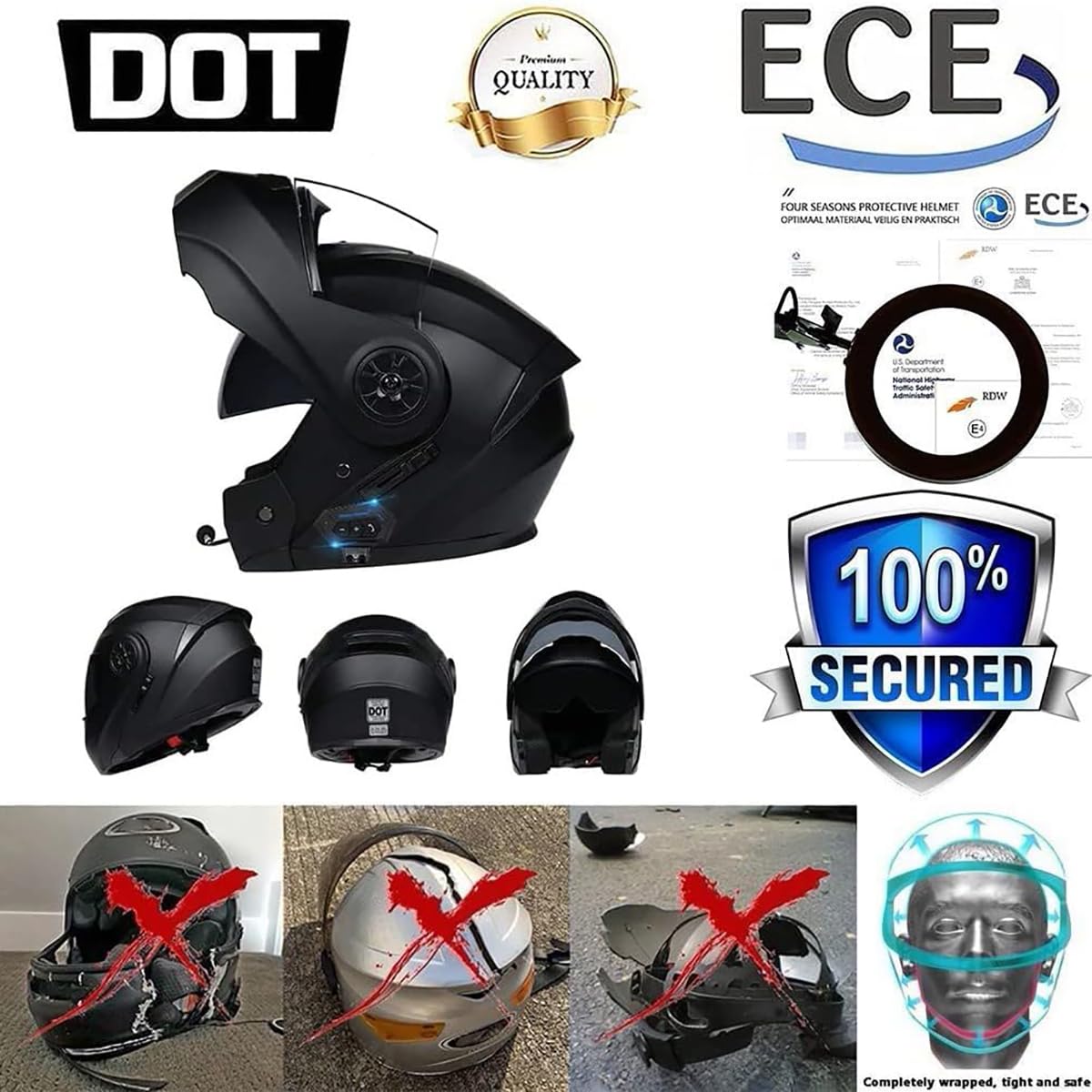 Casco De Moto Modular Bluetooth, ECE Homologado, con Doble Visera, Carcasa De Alta Resistencia, Diseño Liviano, Adecuado para Hombres Y Mujeres Adultos, Guantes Y Máscara Gratis
