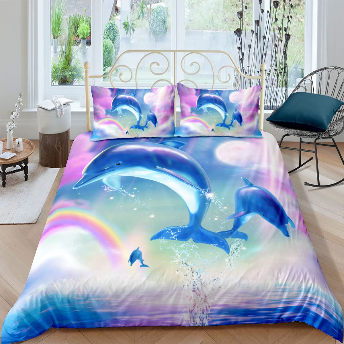 sonicpony Duvet Cover Set Full Queen Size Dolphin Comforter Cover for 3 Pieces Bedding Sets 3D Print Pink for Girls Children 1 Quilt Cover 2 Pillow sham SNO Comforter(Dolphin,Queen)