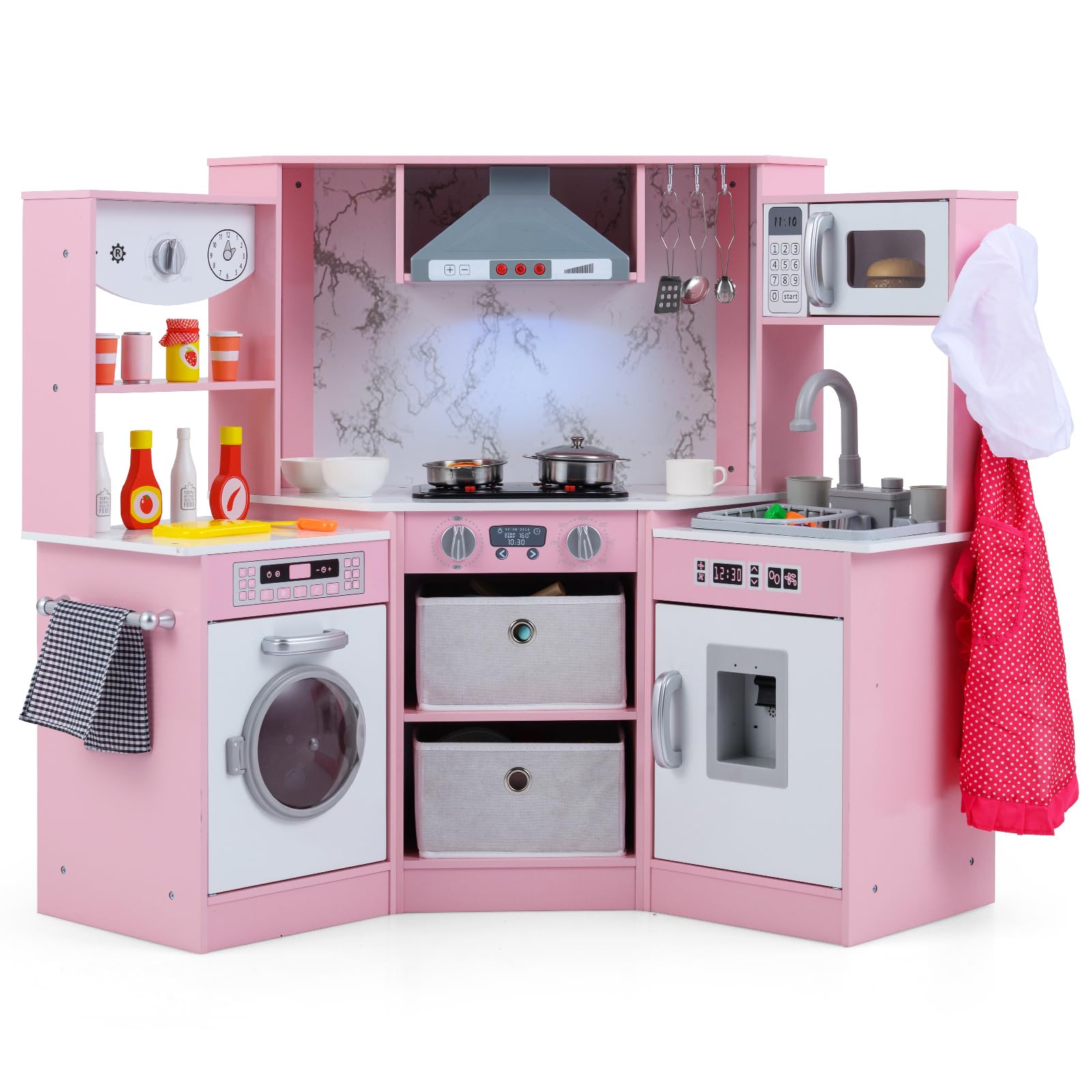 COSTWAY Cucina Giocattolo per Bambini, Set Cucina in Legno con Accessori, Luci e Suoni, Cappa, Fornelli, Microonde e Lavatrice, per Bambini 3+ Anni, 102 x 51 x 85 cm (Rosa)
