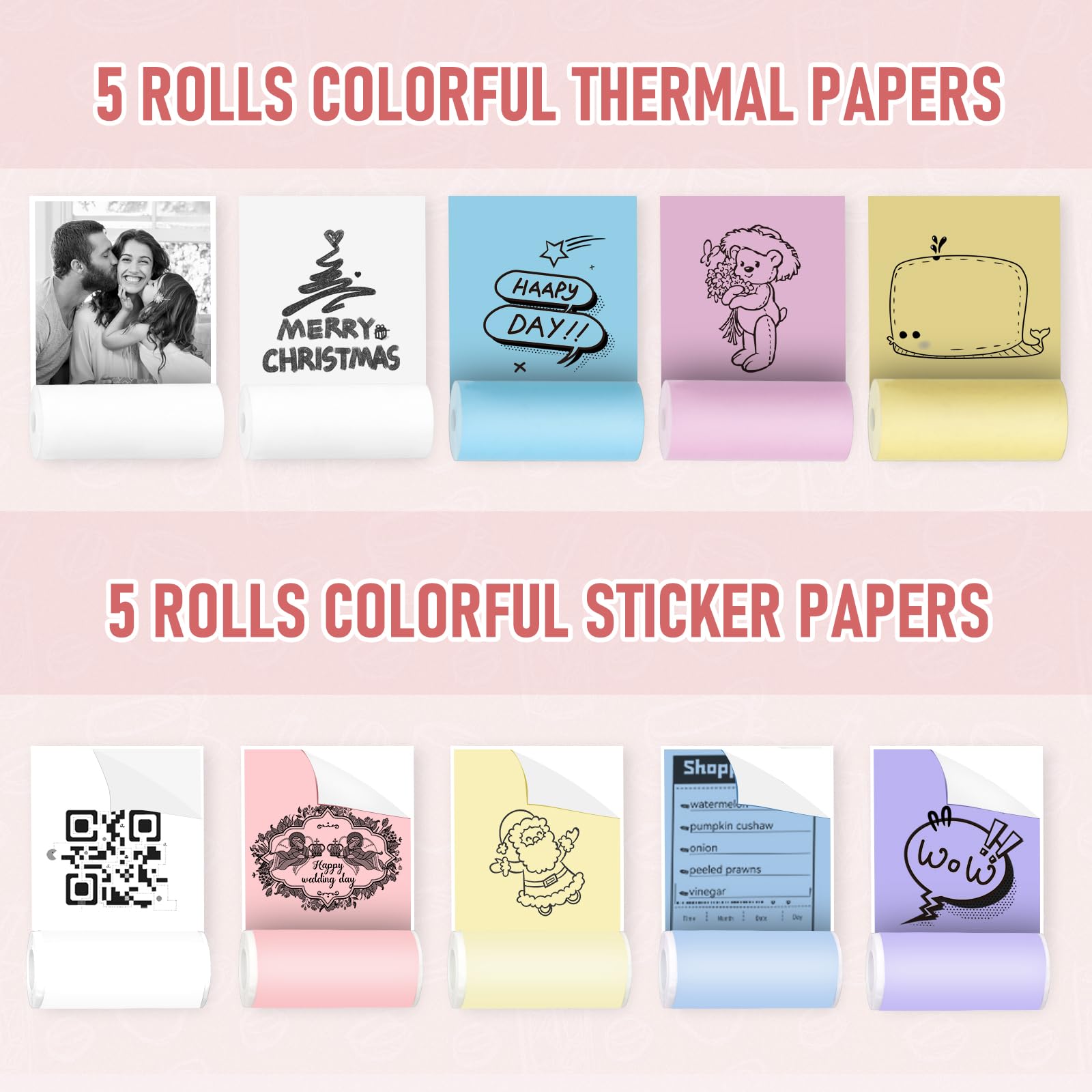 Mini stampante termica portatile Bluetooth tascabile con 10 rotoli di carta per diario/album fai da te/viaggio/appunti/elenchi/etichette/promemoria, stampante per ricevute per bambini, donne