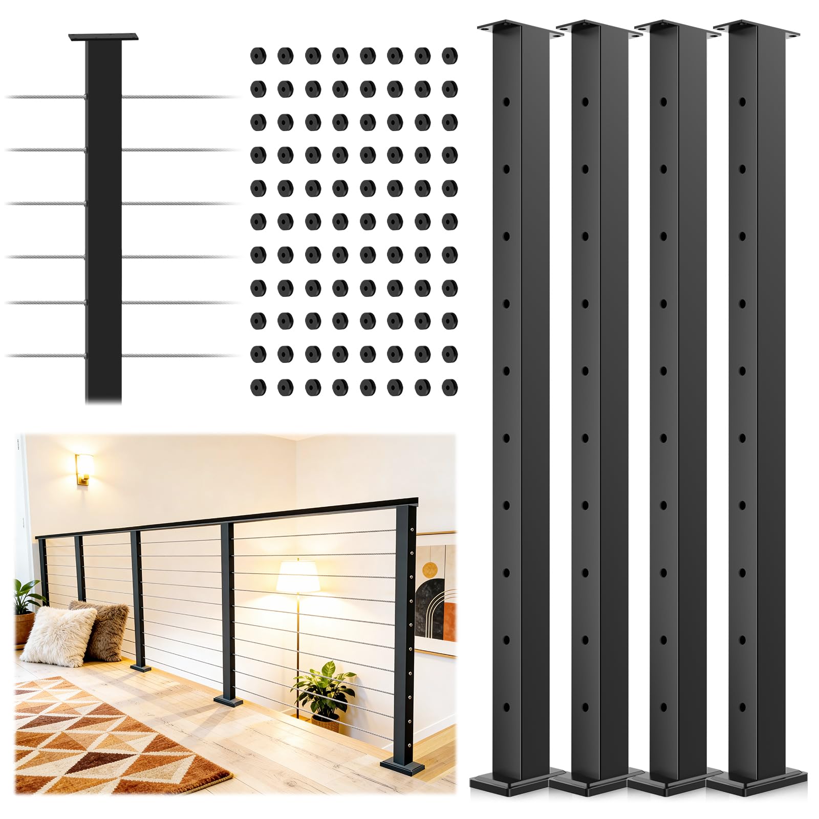 Gyykzz 4 Pack Cable Railing Post 36Inch, Level Drilled Railing Post with Flat Design Silicon Rings, Stainless Steel Horizontal Hole Deck Wire Railing