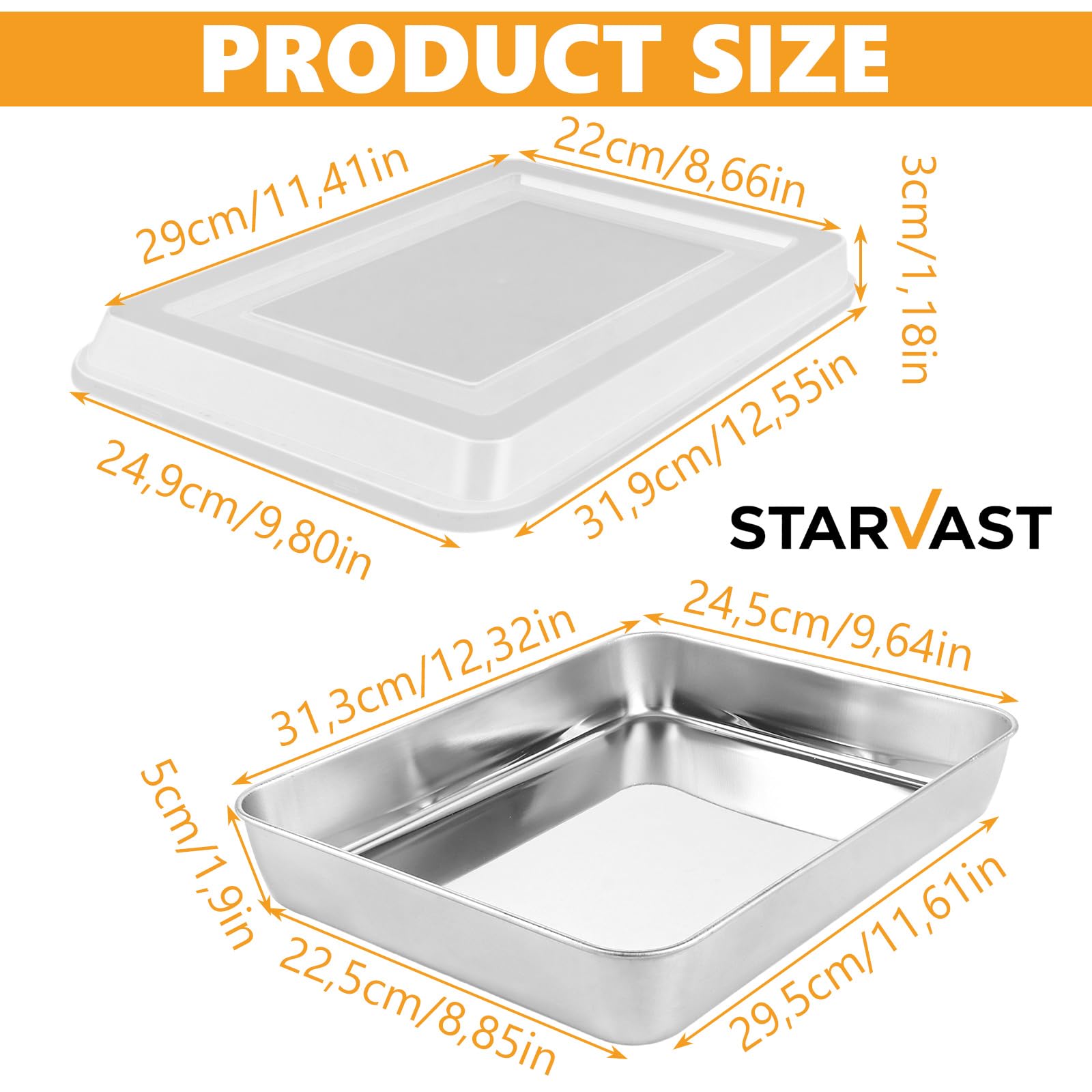 STARVAST 3 teglia da forno profonda con coperchio, 31 x 24 x 5 cm, in acciaio inox, rettangolare, per cottura a secco, ideale per torte di brownie e lasagna, finitura a specchio e panno