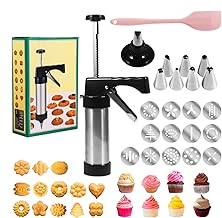 Cookie Press Gun Kit, Stainless Steel Spritz Cookie Press with 13 Cookie Mold Discs and 8 Piping Nozzles, Biscuit Maker Press for DIY Biscuit Maker Cake Decorating Tool