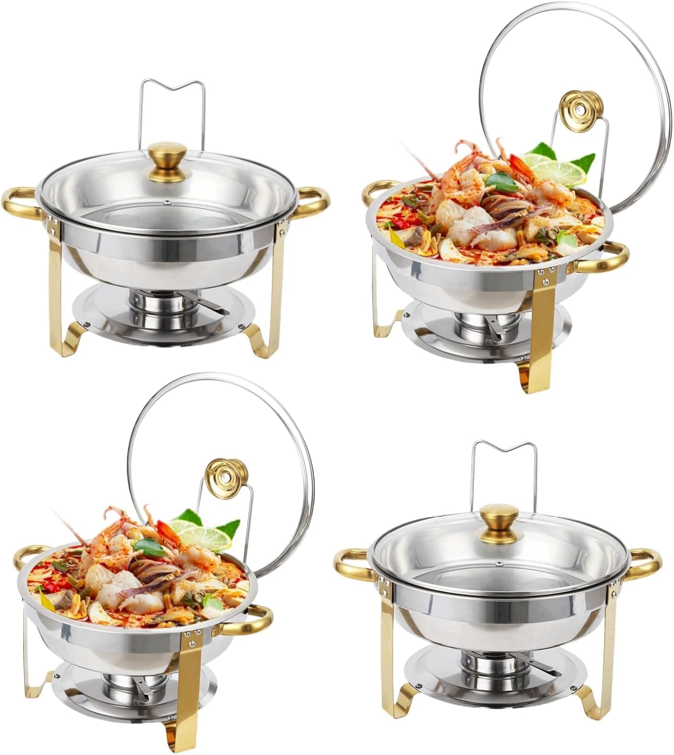 5-Liter-Chafing-Dish-Buffet-Set, 4er-Pack Runde Chafing-Dishes Aus Edelstahl Für Buffets Mit Deckelhalter Und Glasdeckel, Buffet-Serviergeräte Und Warmhaltebehälter Für Partys, Hochzeiten, Abendessen