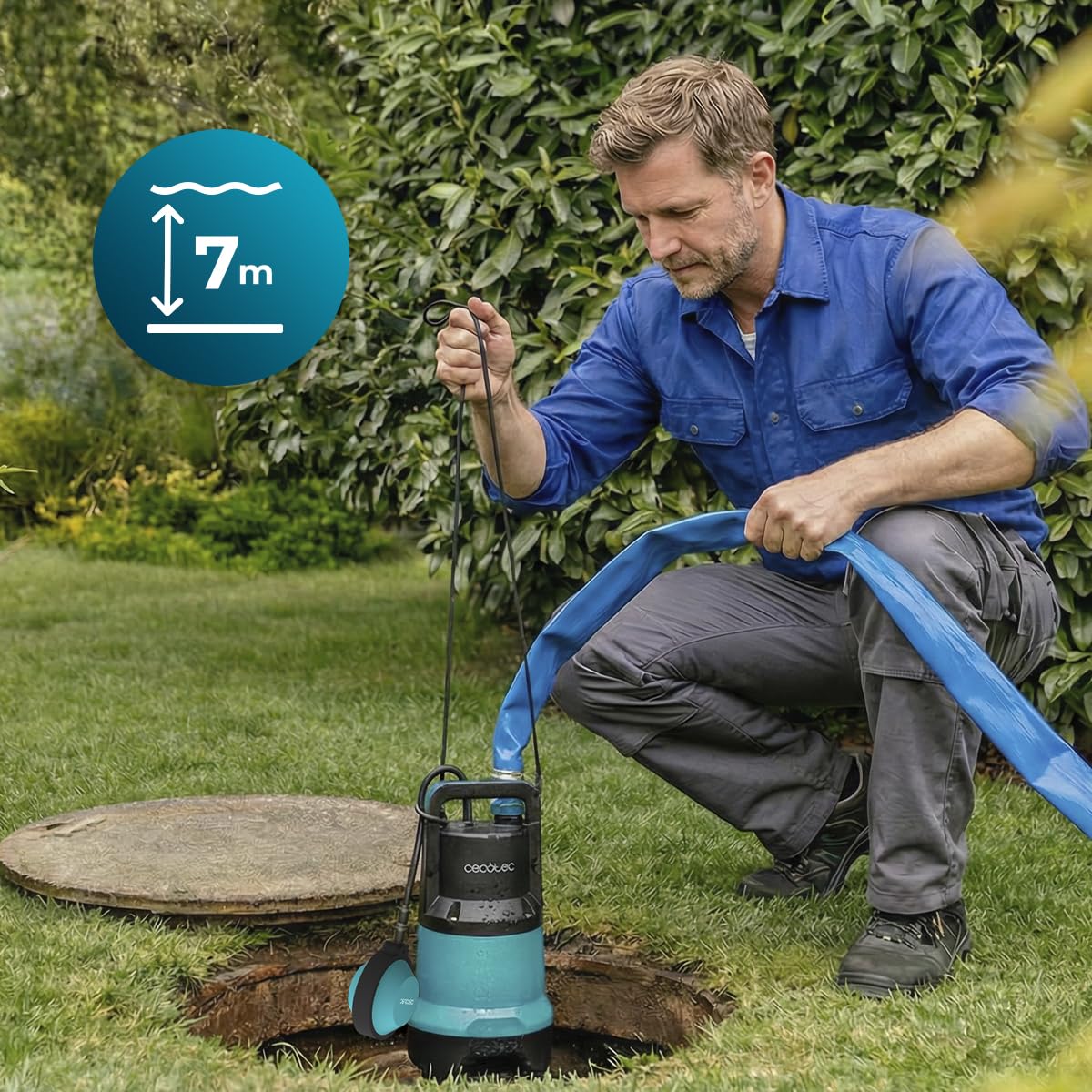 Cecotec Neptunus 750 Zatapialna pompa ciemna i kryształowa 750 W, 2w1 woda czysta i brudna, 14000 l/h, funkcja niskiego zasysania, wysokość 7,5 m, głębokość 7 m, przełącznik pływakowy, IPX8, kabel 10